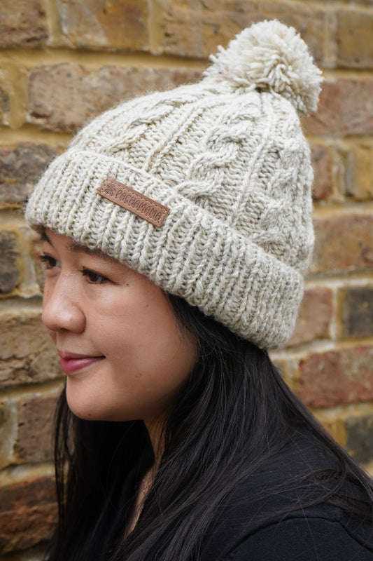 Pachamama Chamonix Bobble Beanie, Hand Knitted Cable, Sherpa Fleece Lined, Wool, Oatmeal
