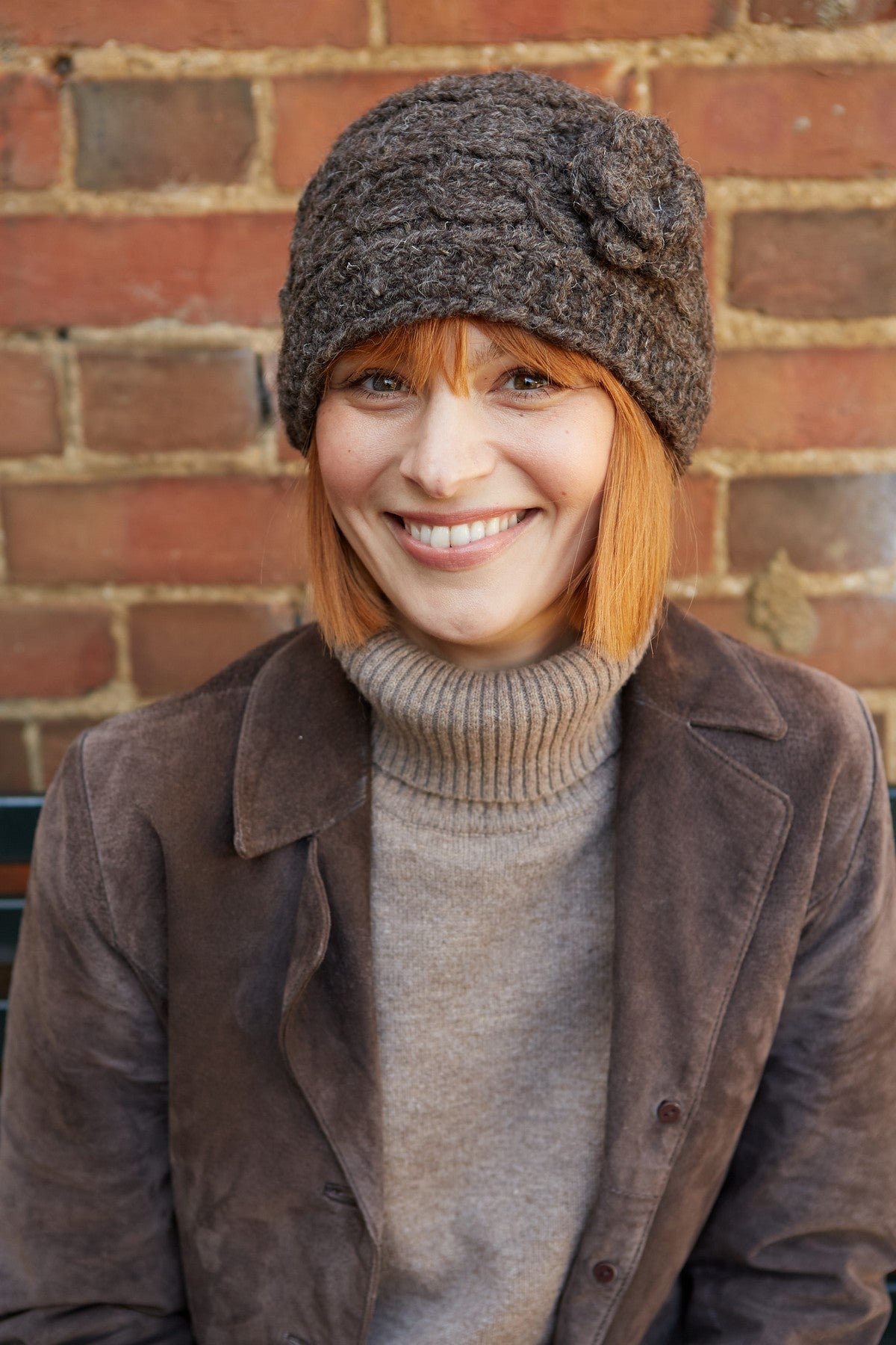 Pachamama Chamonix Flower Beanie, Hand Knitted, Wool, Bark, Crocheted Flower