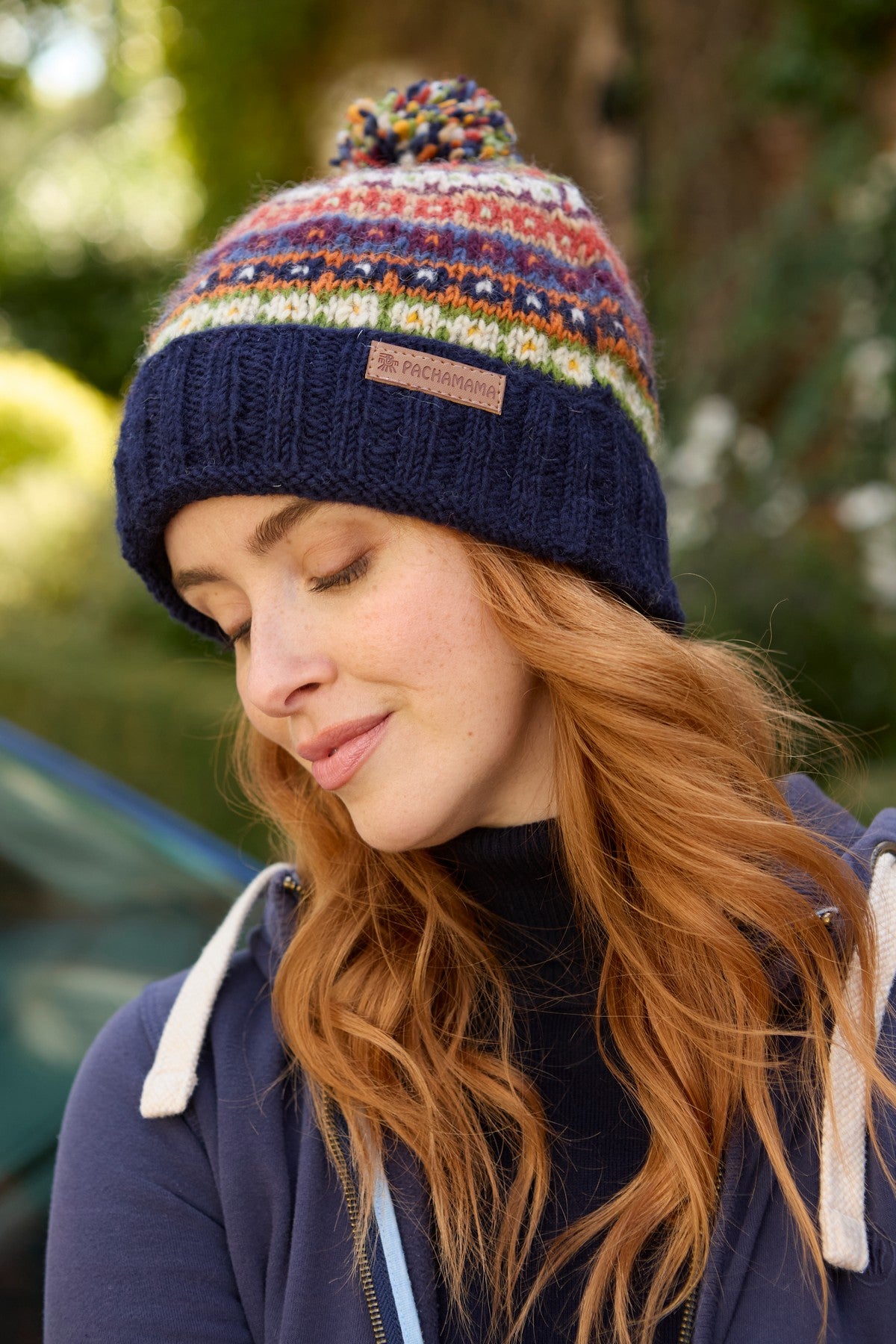 Pachamama Colorado Roll Back Bobble Beanie, Hand Knitted, Lined Headband, Wool