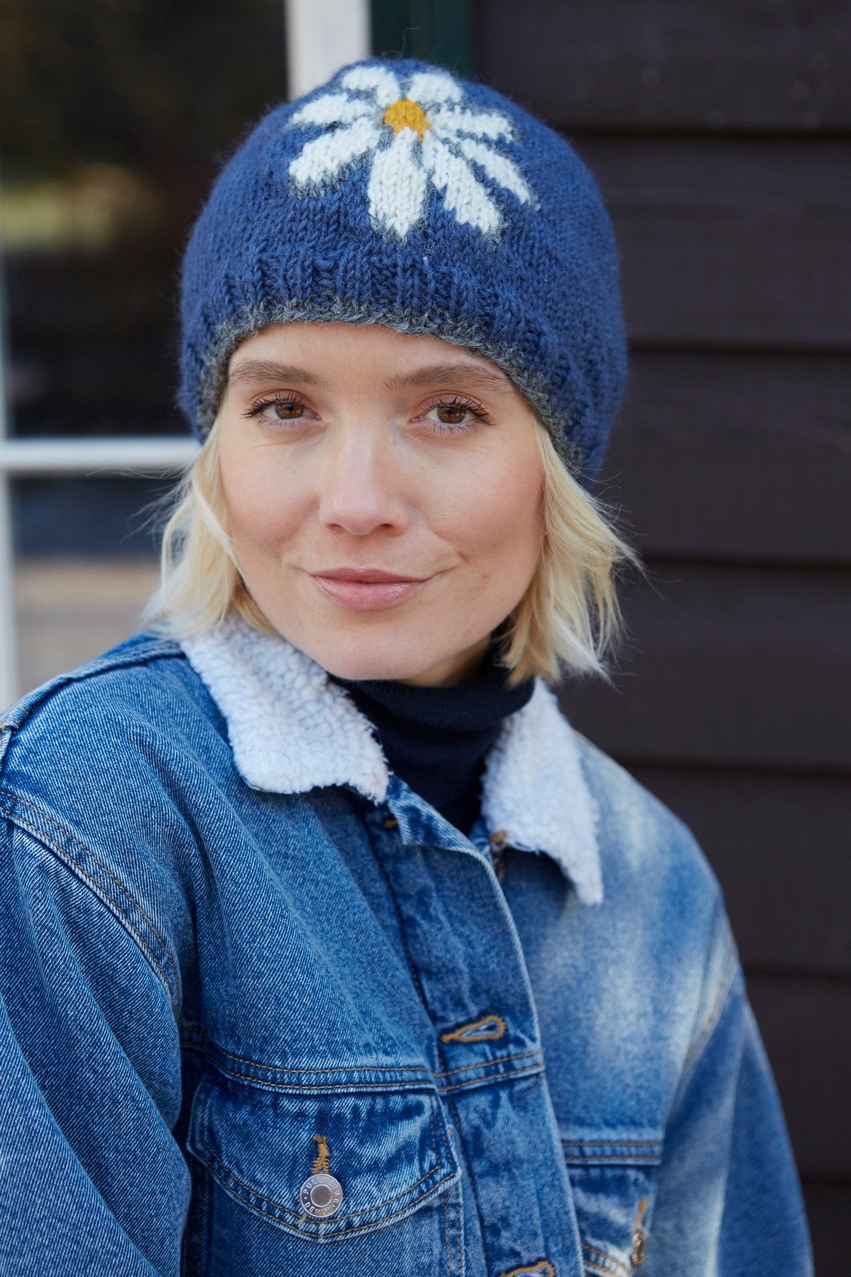 Pachamama Daisy Beanie, Hand Knitted, Lined, Wool, Fair Trade, Denim Colour