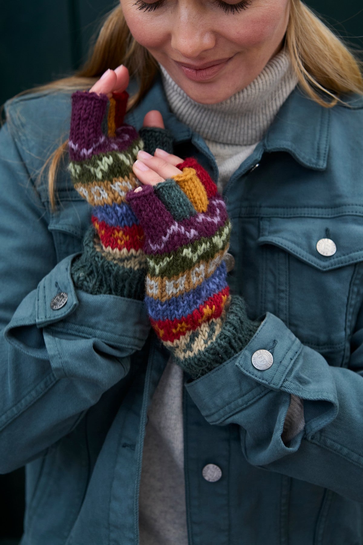 Pachamama Elveden Fingerless Gloves, Hand Knitted, Unlined, 100% Wool