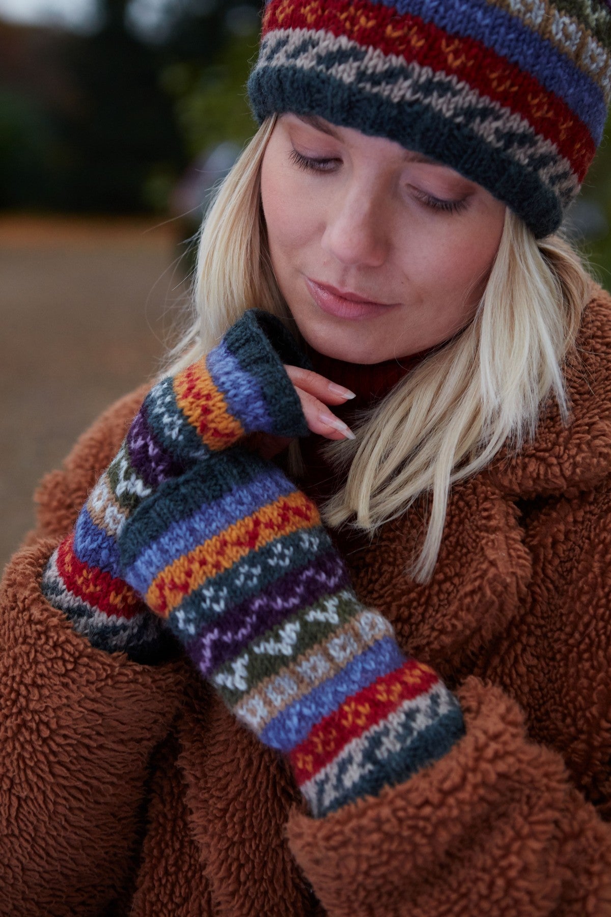 Pachamama Elveden Handwarmer, Hand Knitted, Lined, Wool, Fairisle Multicoloured