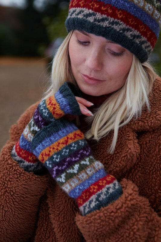 Pachamama Elveden Handwarmer, Hand Knitted, Lined, Wool, Fairisle Multicoloured