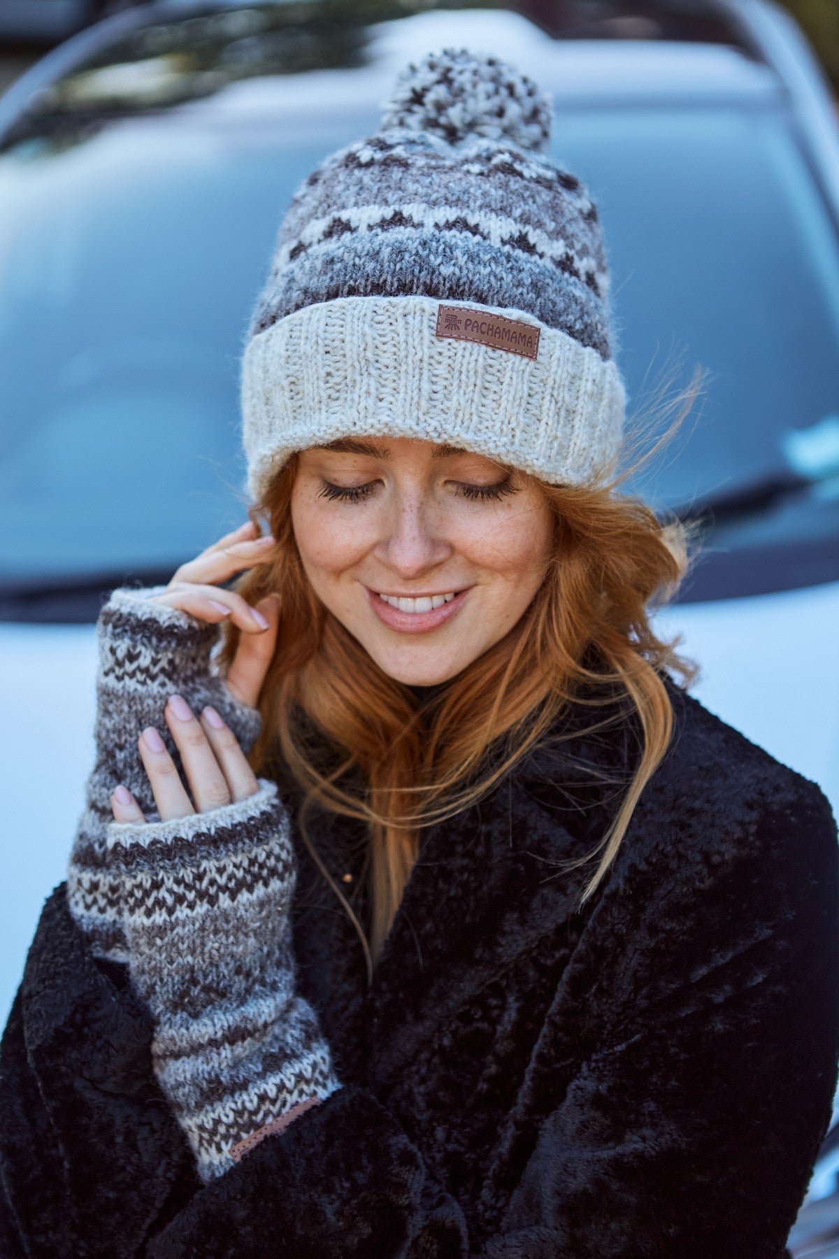 Pachamama Classic Fairisle Roll Back Bobble Beanie, Hand Knitted, Lined, Wool, Natural