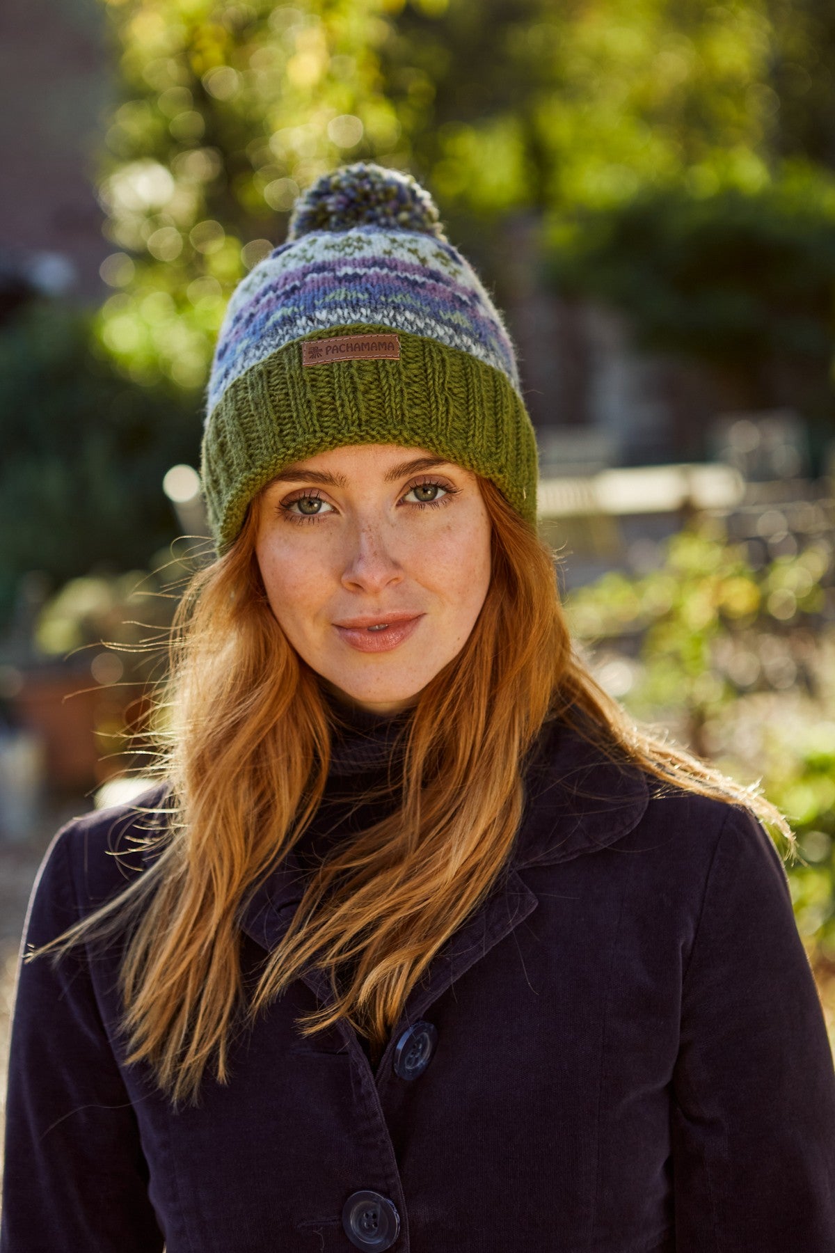 Pachamama Classic Fairisle Roll Back Bobble Beanie, Hand Knitted, Lined, Wool, Olive