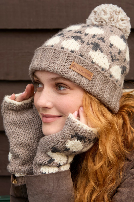 Pachamama Sheep Roll Back Bobble Beanie, Hand Knitted, 100% Merino Wool Mushroom