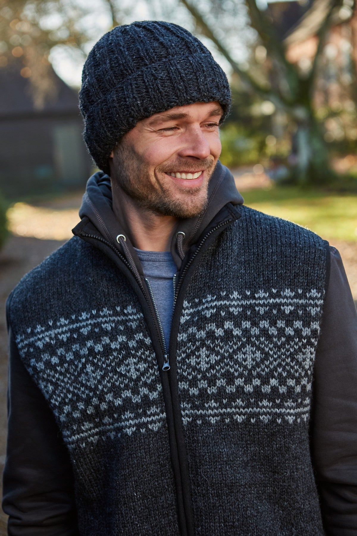 Pachamama Mens Shetland Roll Back Beanie, Hand Knitted, Fleece Lined, Wool Outer