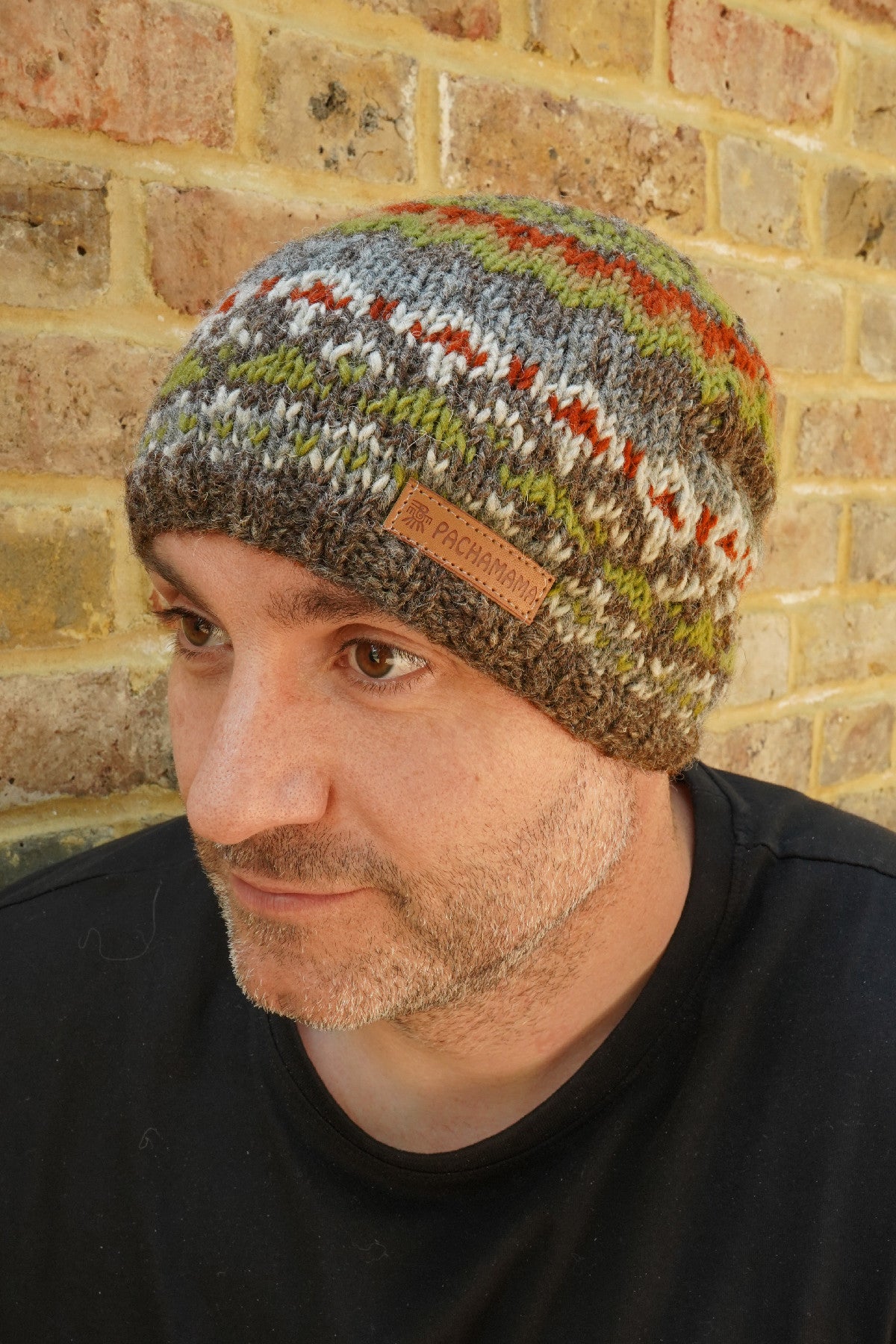 Pachamama Mens Westport Beanie Earth, Hand Knitted, Fleece Lined Forehead, Wool