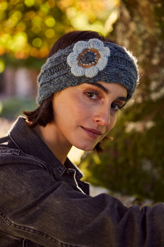Pachamama Sorrento Flower Headband, 100% Wool Outer, Hand Made , Lined, Teal