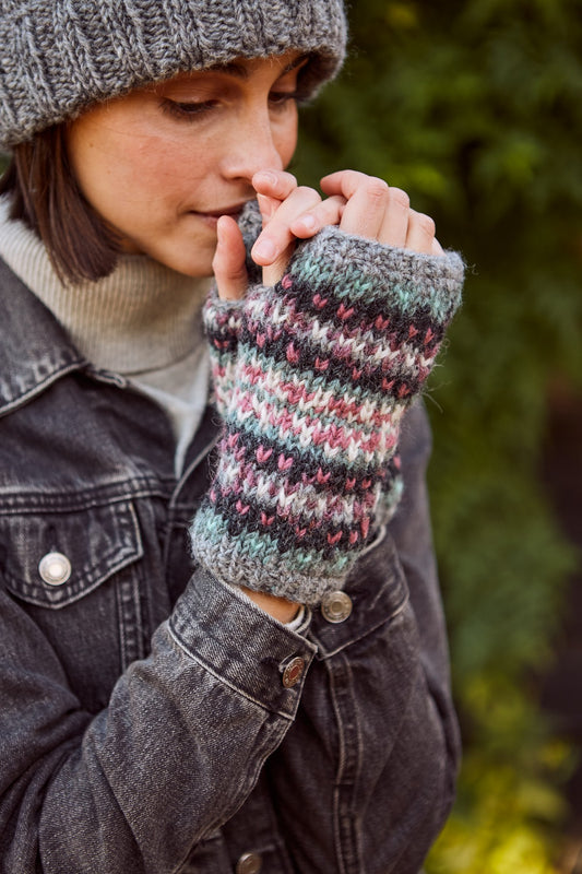 Pachamama Wharfdale Handwarmer, Hand Knitted, Lined, Wool, Fairisle Purple/Grey