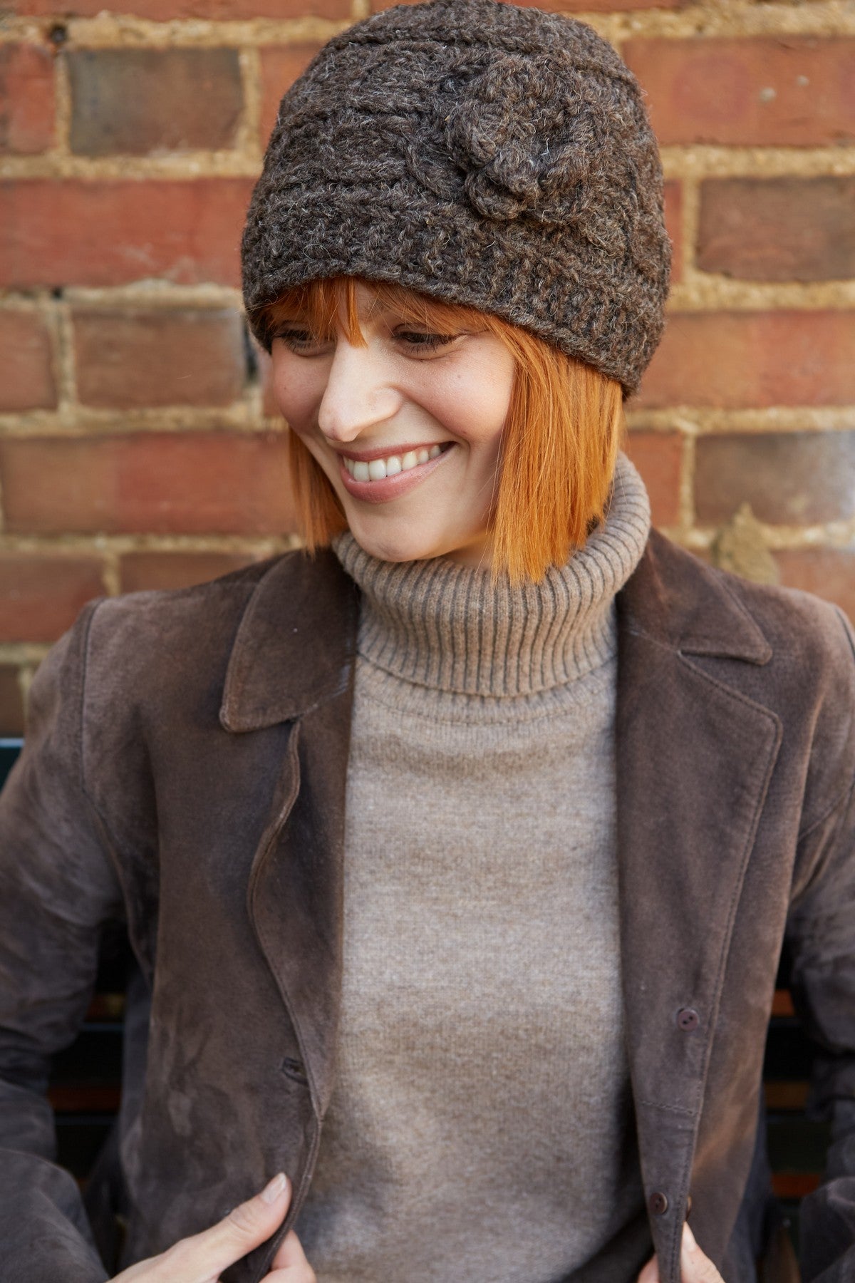 Pachamama Chamonix Flower Beanie, Hand Knitted, Wool, Bark, Crocheted Flower