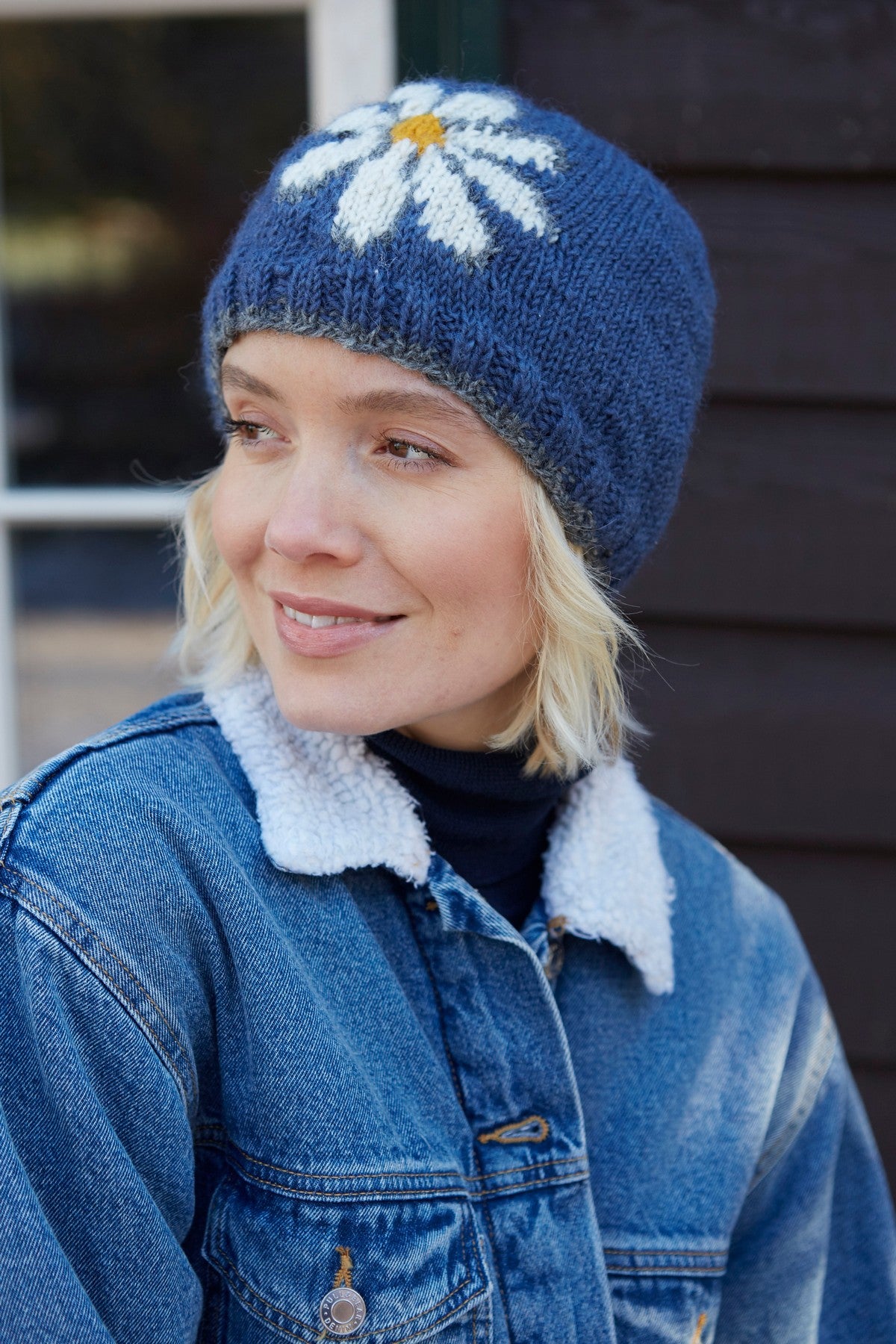Pachamama Daisy Beanie, Hand Knitted, Lined, Wool, Fair Trade, Denim Colour