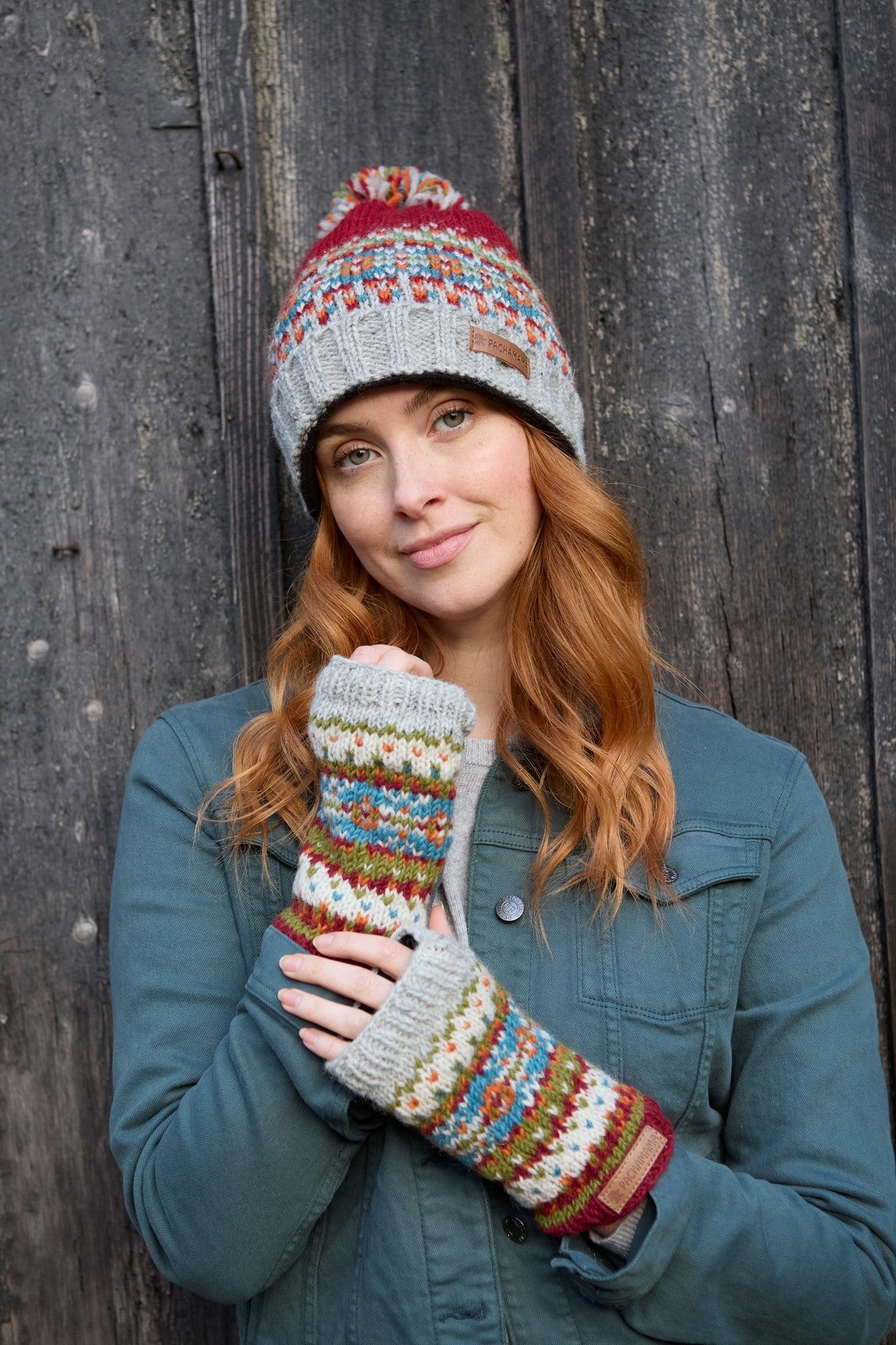 Pachamama Iona Handwarmer, Hand Knitted, Lined, Wool, Fairisle, Burgundy