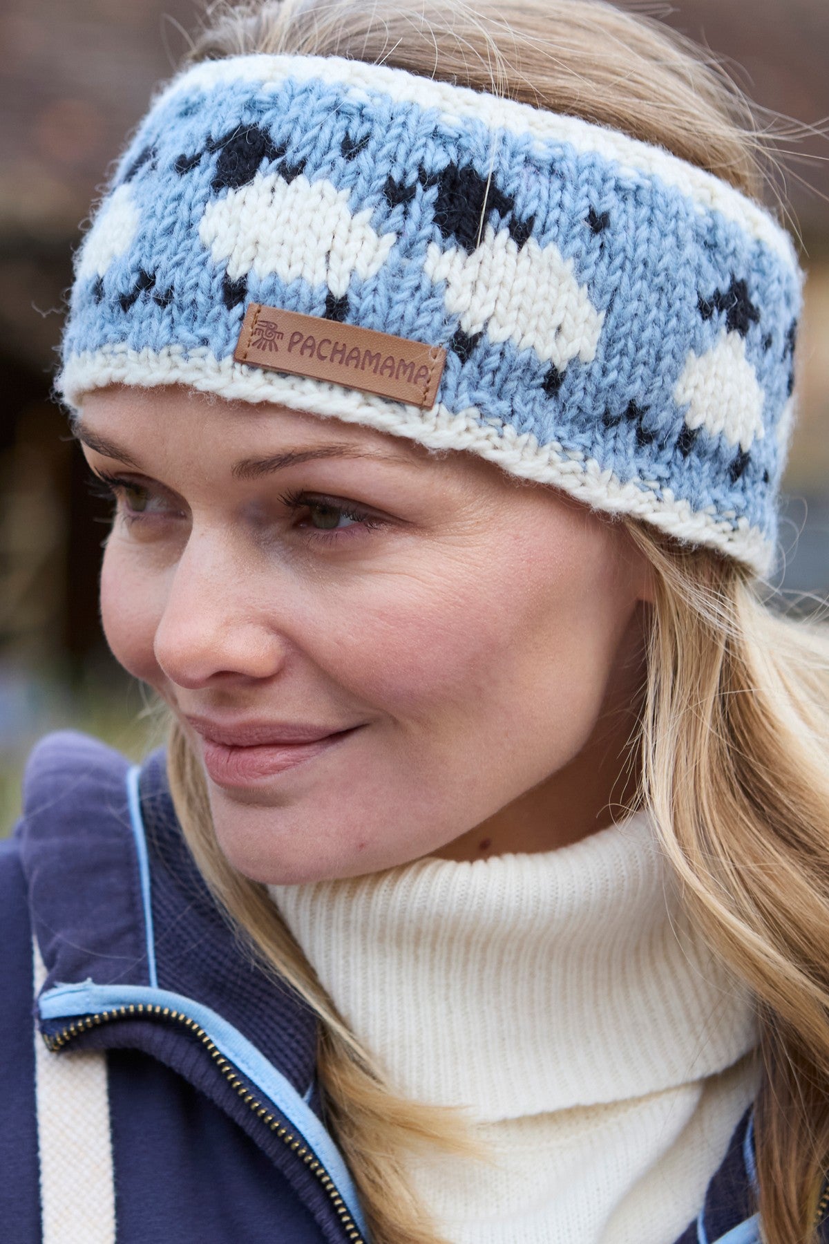Pachamama Sheep Blue Headband, 100% Soft Pure Merino Wool , Hand Made , Unlined
