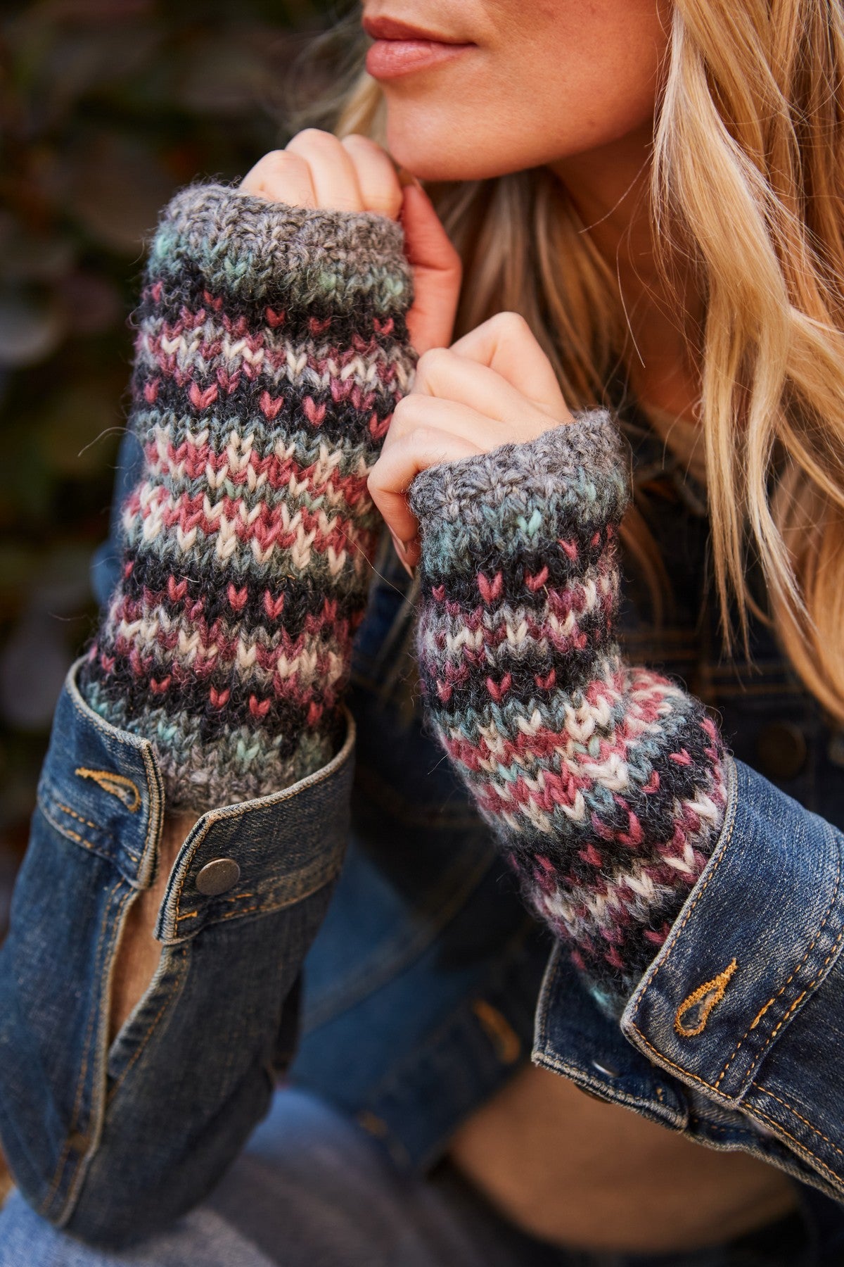 Pachamama Wharfdale Handwarmer, Hand Knitted, Lined, Wool, Fairisle Purple/Grey