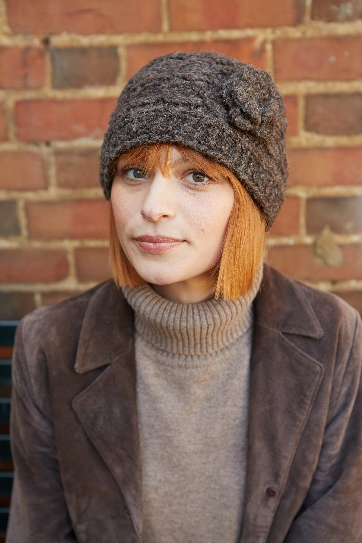 Pachamama Chamonix Flower Beanie, Hand Knitted, Wool, Bark, Crocheted Flower