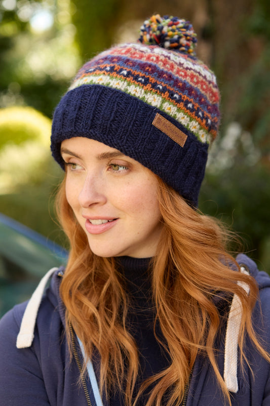 Pachamama Colorado Roll Back Bobble Beanie, Hand Knitted, Lined Headband, Wool
