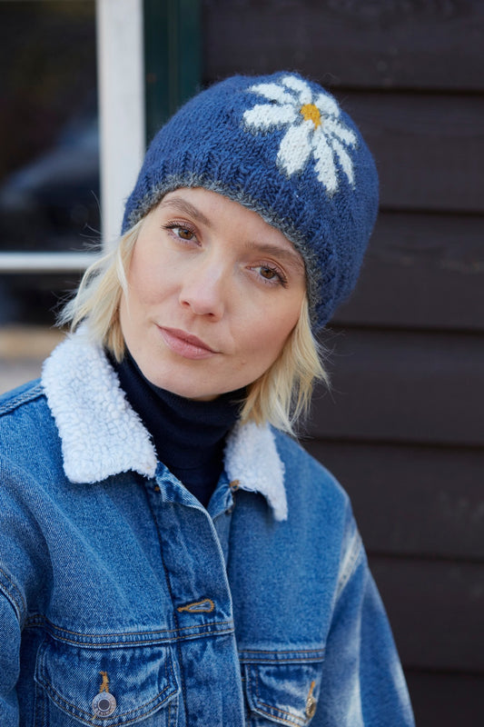 Pachamama Daisy Beanie, Hand Knitted, Lined, Wool, Fair Trade, Denim Colour