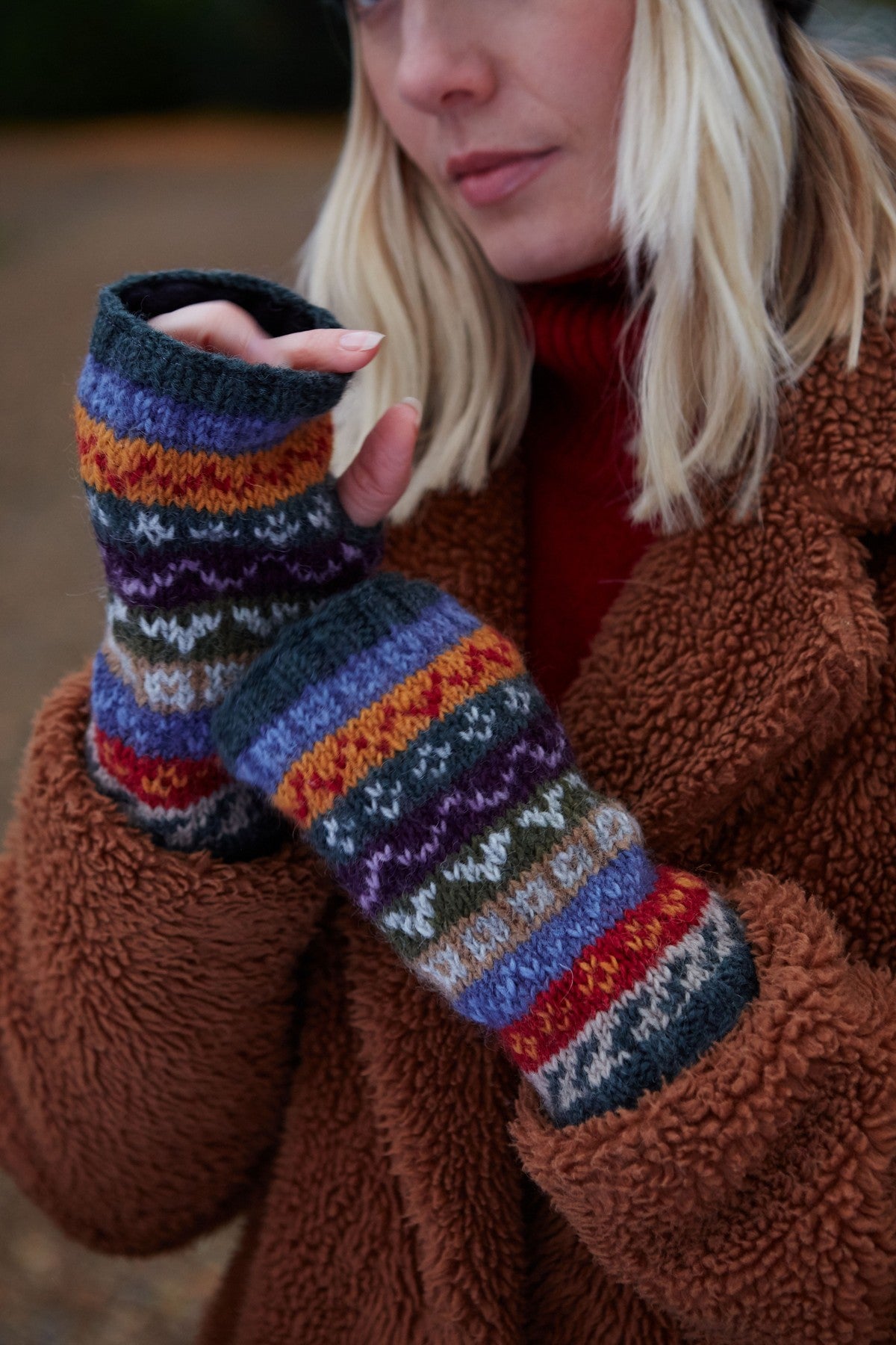 Pachamama Elveden Handwarmer, Hand Knitted, Lined, Wool, Fairisle Multicoloured