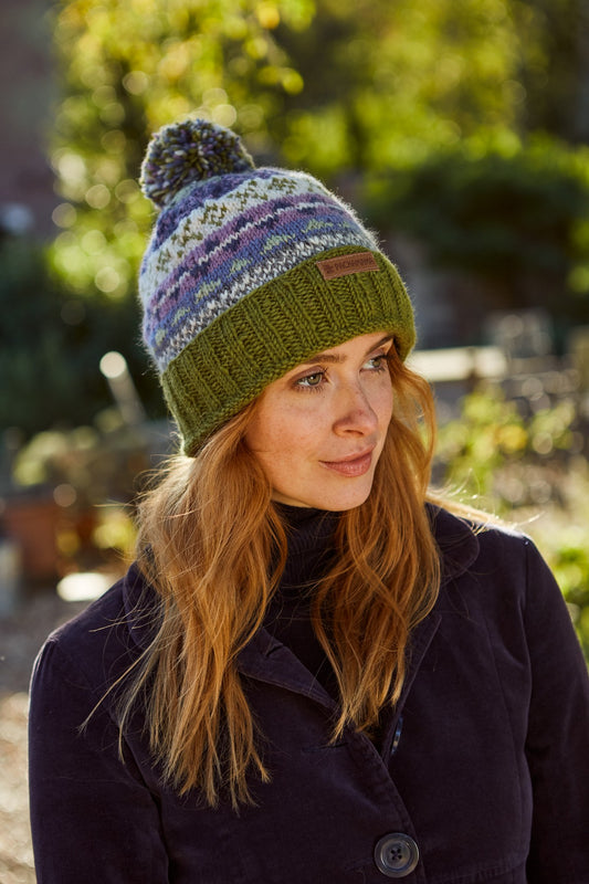 Pachamama Classic Fairisle Roll Back Bobble Beanie, Hand Knitted, Lined, Wool, Olive