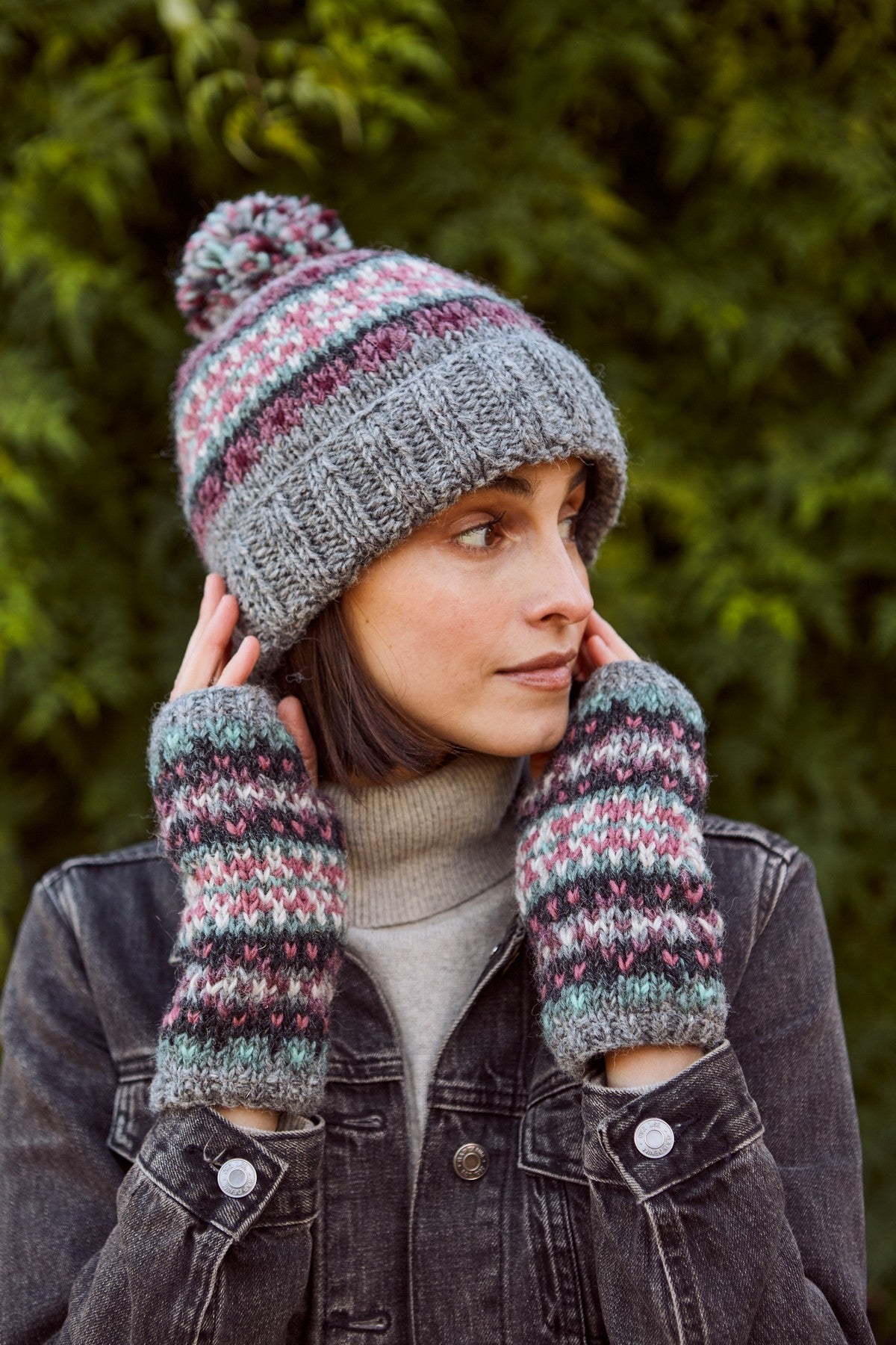 Pachamama Wharfdale Handwarmer, Hand Knitted, Lined, Wool, Fairisle Purple/Grey
