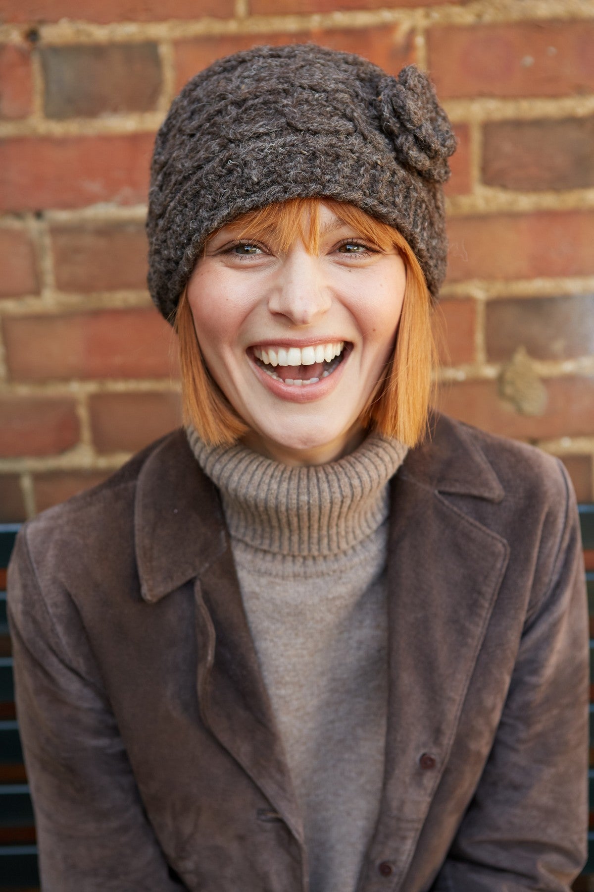 Pachamama Chamonix Flower Beanie, Hand Knitted, Wool, Bark, Crocheted Flower