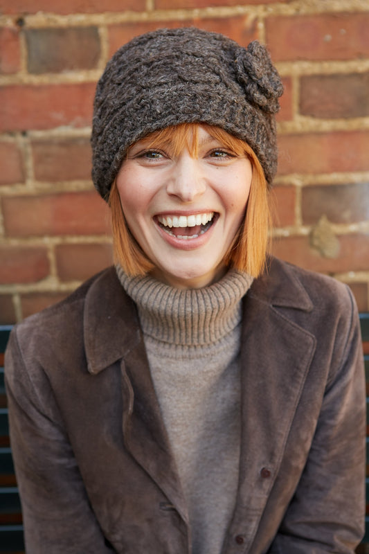 Pachamama Chamonix Flower Beanie, Hand Knitted, Wool, Bark, Crocheted Flower