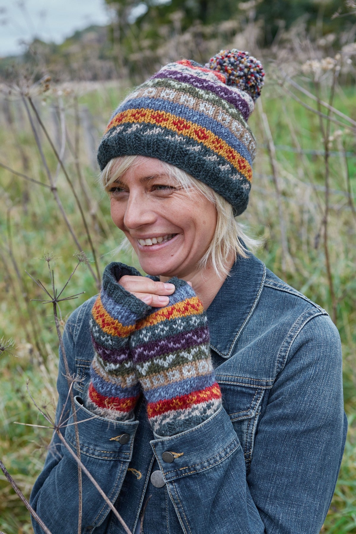Pachamama Elveden Handwarmer, Hand Knitted, Lined, Wool, Fairisle Multicoloured