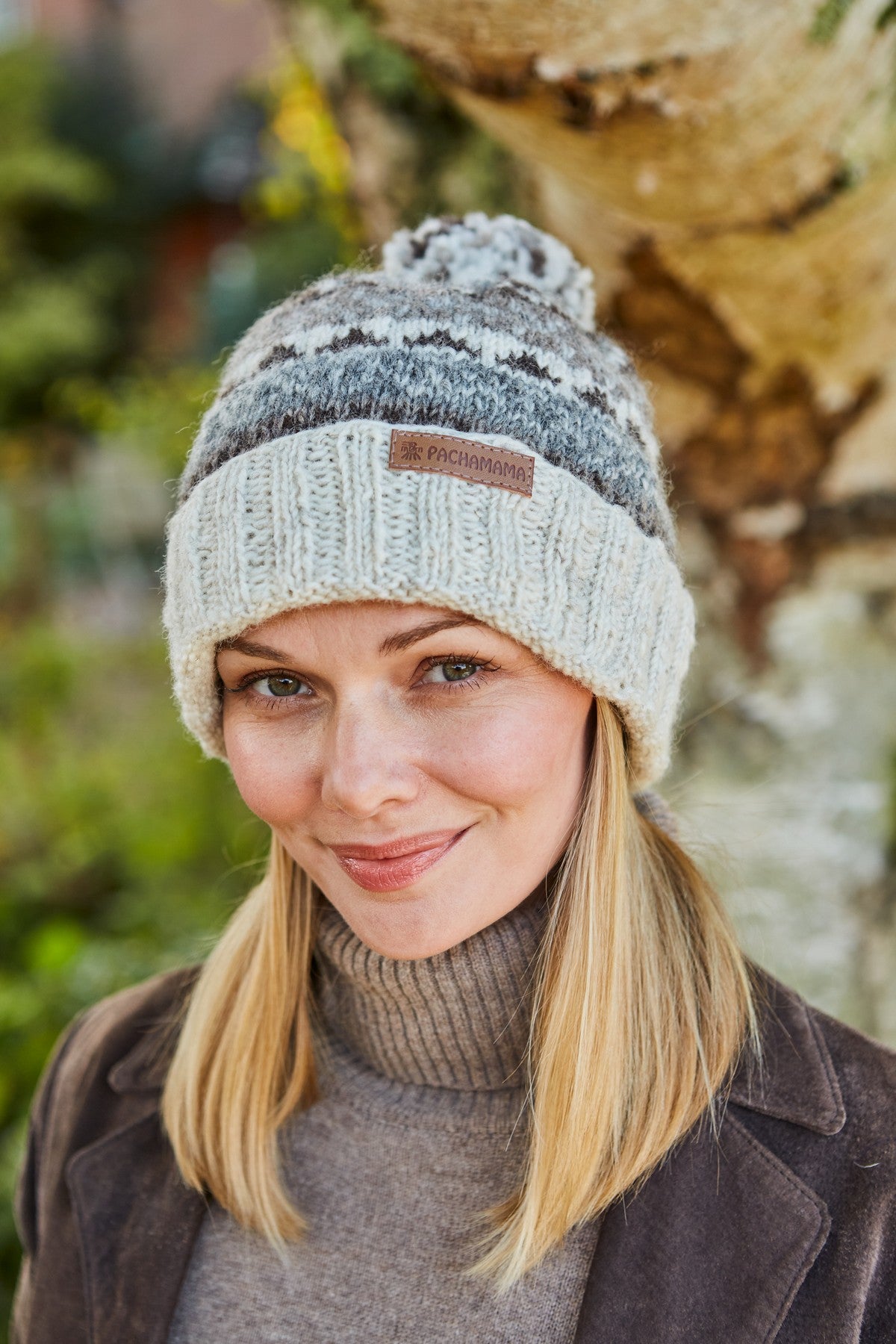 Pachamama Classic Fairisle Roll Back Bobble Beanie, Hand Knitted, Lined, Wool, Natural