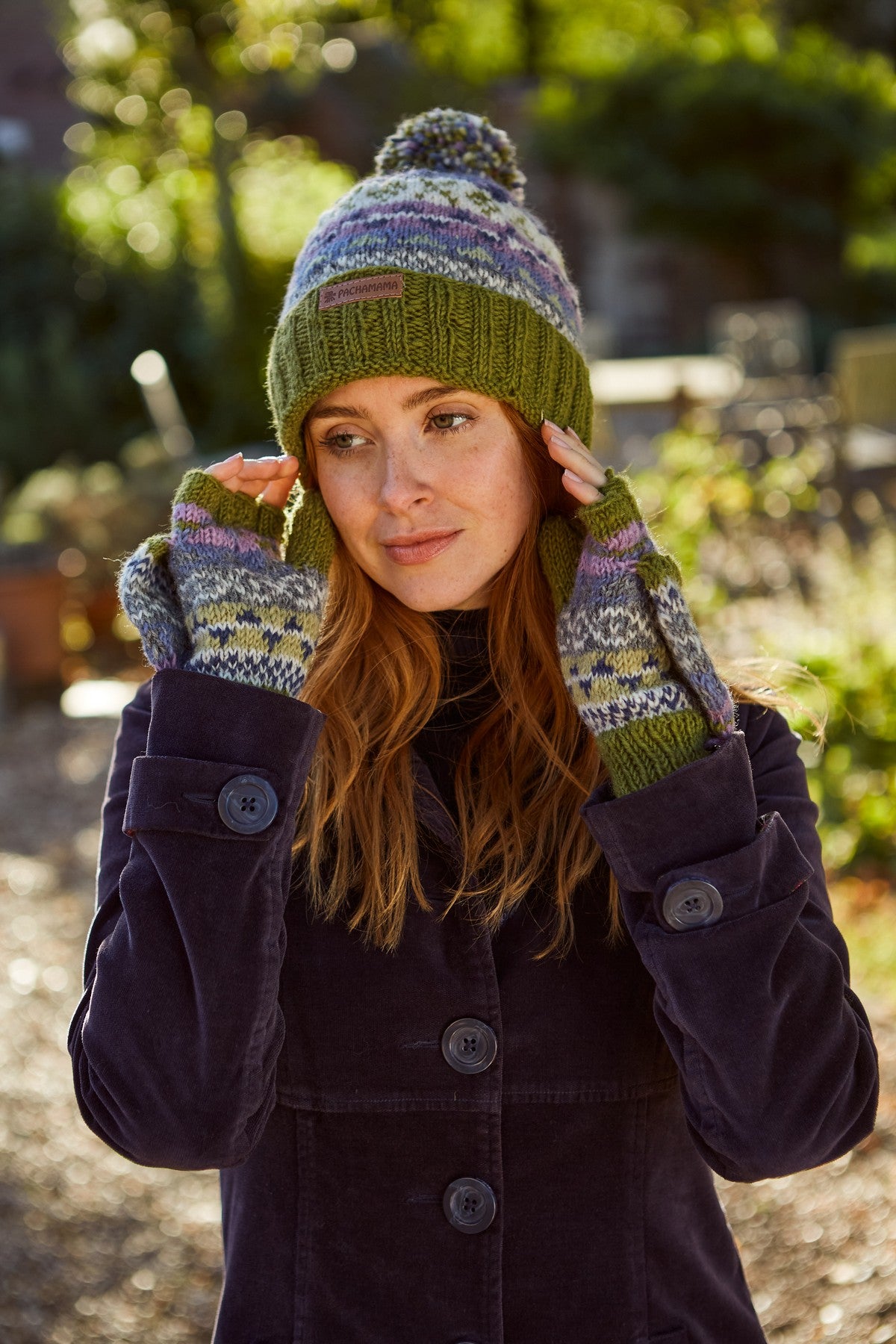 Pachamama Classic Fairisle Roll Back Bobble Beanie, Hand Knitted, Lined, Wool, Olive
