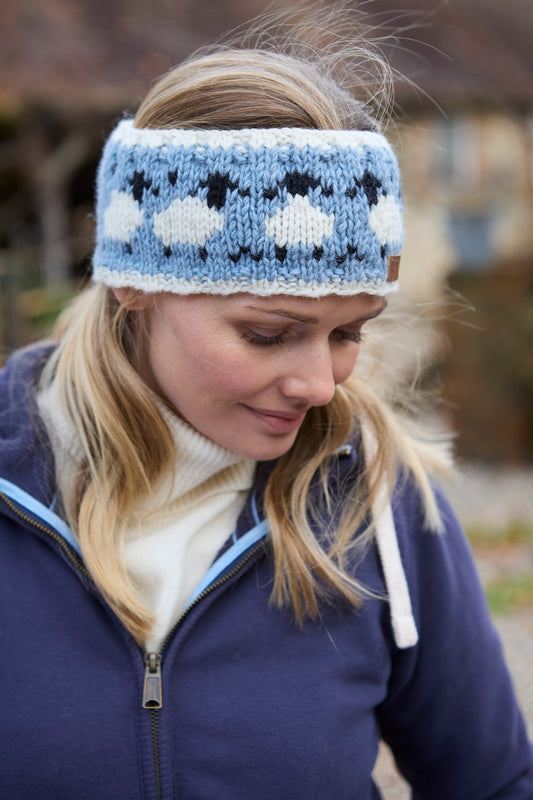 Pachamama Sheep Blue Headband, 100% Soft Pure Merino Wool , Hand Made , Unlined