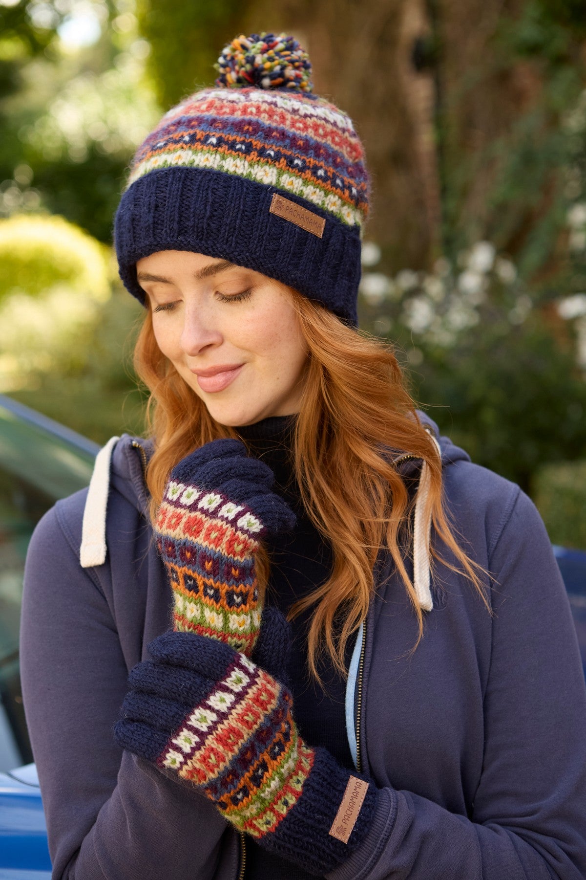 Pachamama Colorado Roll Back Bobble Beanie, Hand Knitted, Lined Headband, Wool