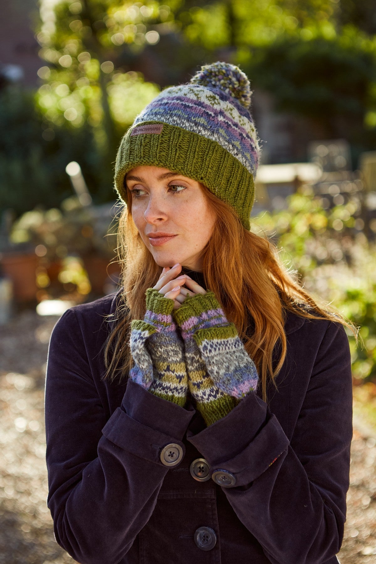 Pachamama Classic Fairisle Roll Back Bobble Beanie, Hand Knitted, Lined, Wool, Olive