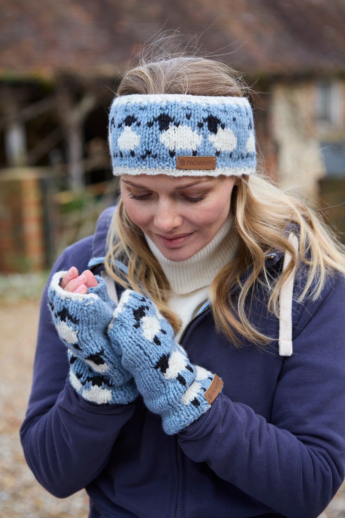 Pachamama Sheep Blue Headband, 100% Soft Pure Merino Wool , Hand Made , Unlined