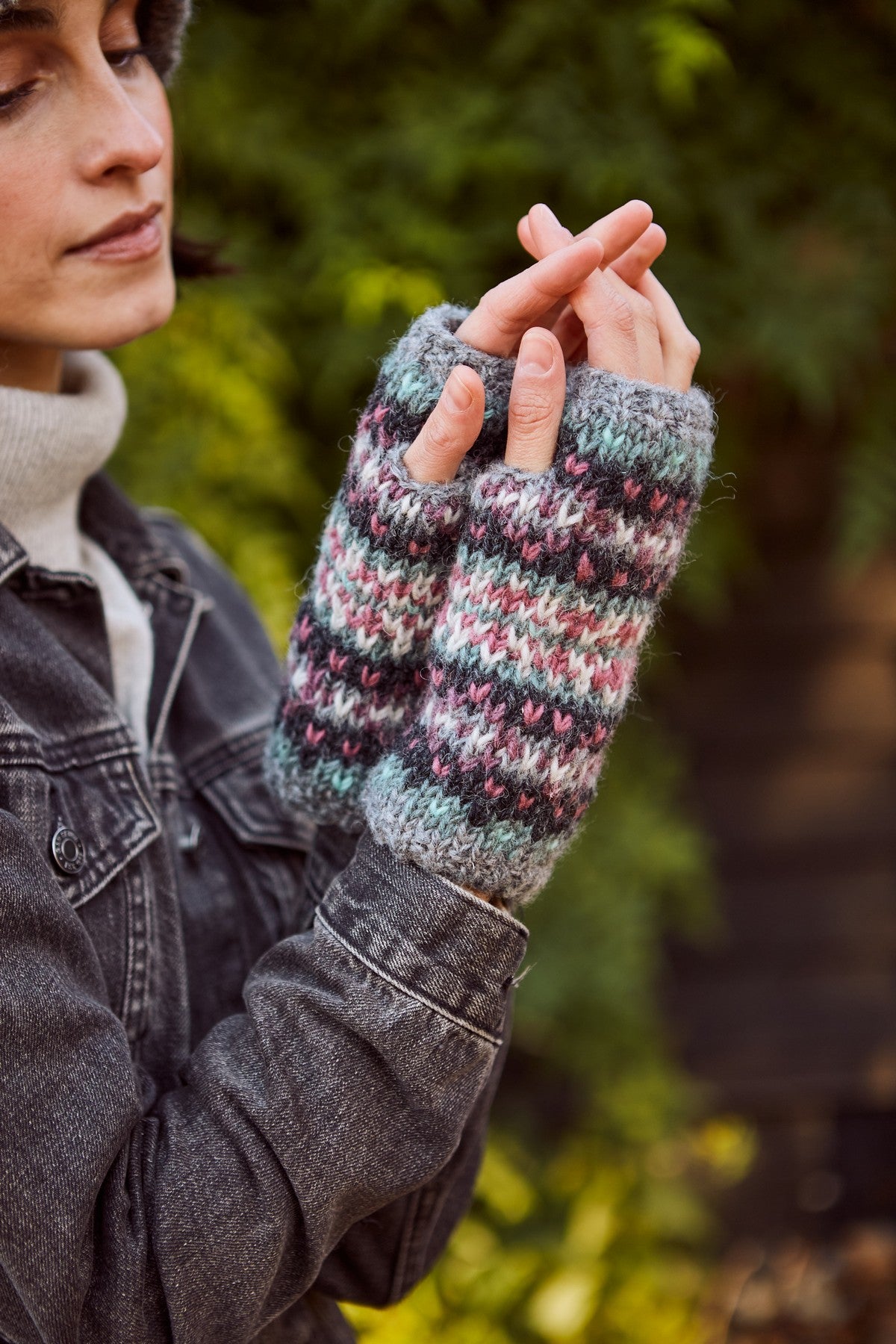 Pachamama Wharfdale Handwarmer, Hand Knitted, Lined, Wool, Fairisle Purple/Grey