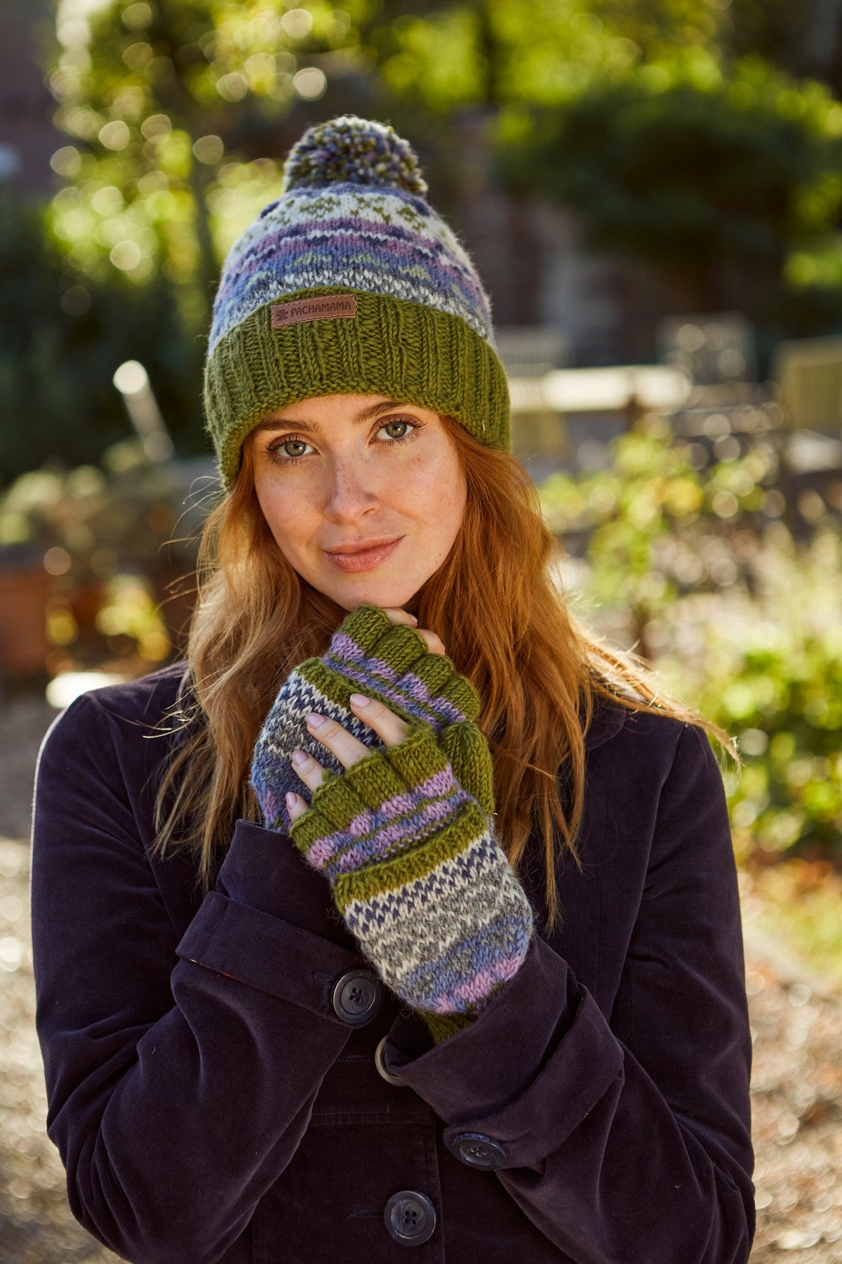 Pachamama Classic Fairisle Roll Back Bobble Beanie, Hand Knitted, Lined, Wool, Olive