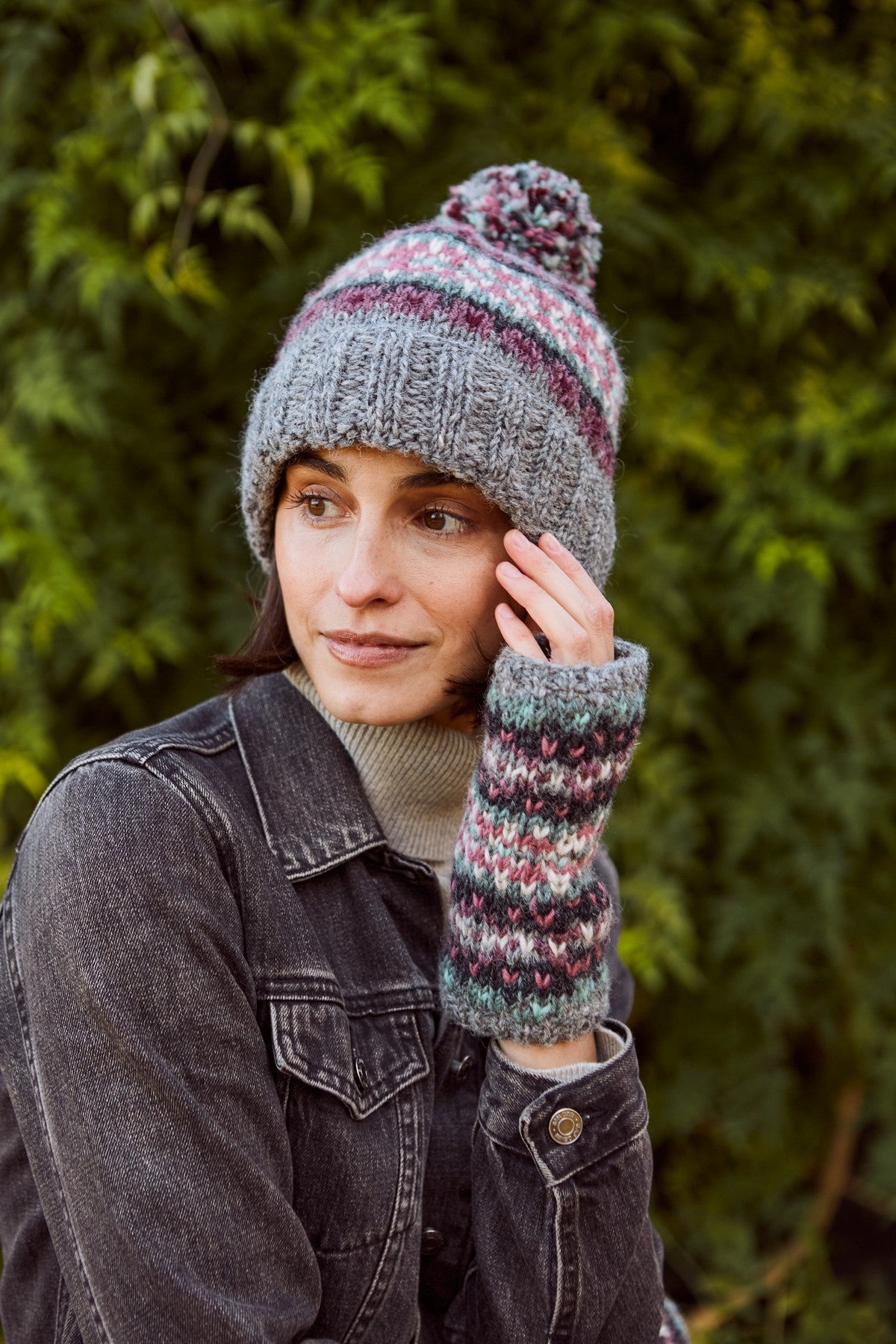 Pachamama Wharfdale Handwarmer, Hand Knitted, Lined, Wool, Fairisle Purple/Grey