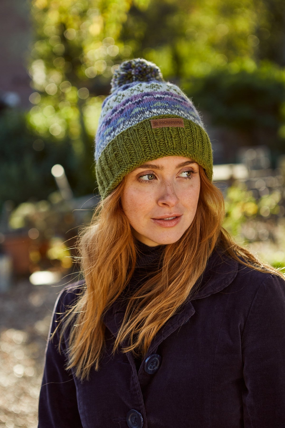 Pachamama Classic Fairisle Roll Back Bobble Beanie, Hand Knitted, Lined, Wool, Olive