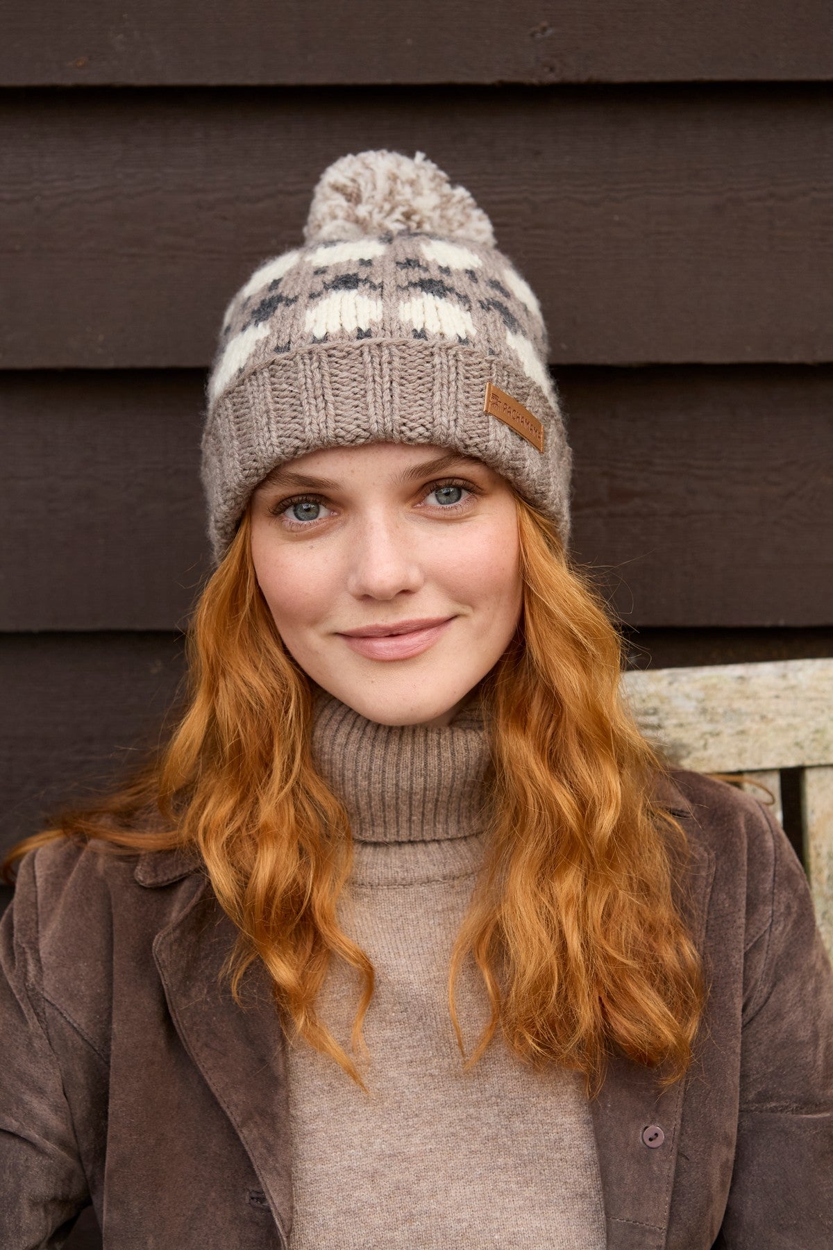 Pachamama Sheep Roll Back Bobble Beanie, Hand Knitted, 100% Merino Wool Mushroom