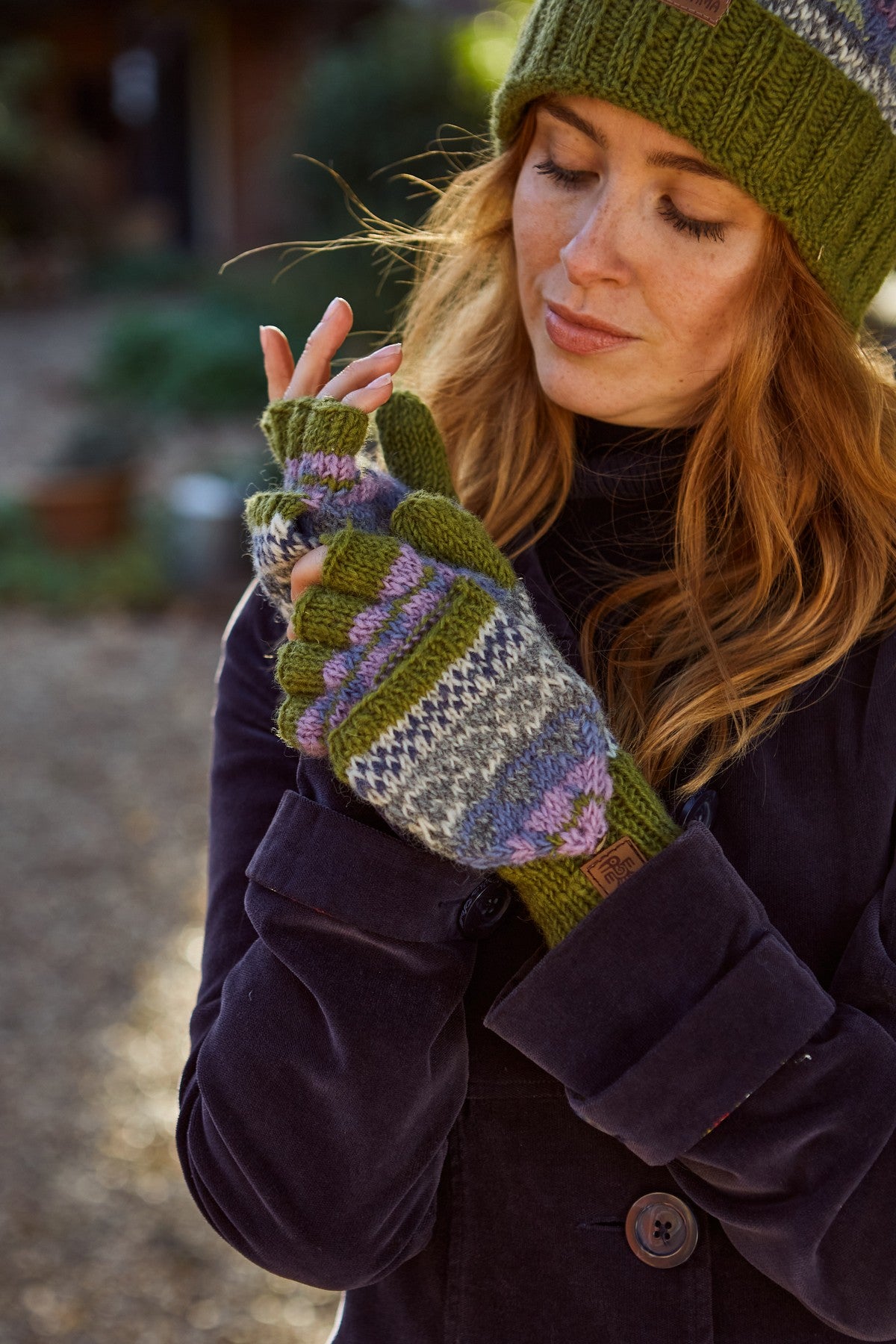 Pachamama Classic Fairisle Roll Back Bobble Beanie, Hand Knitted, Lined, Wool, Olive