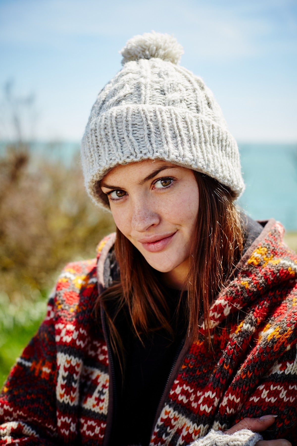 Pachamama Chamonix Bobble Beanie, Hand Knitted Cable, Sherpa Fleece Lined, Wool, Oatmeal