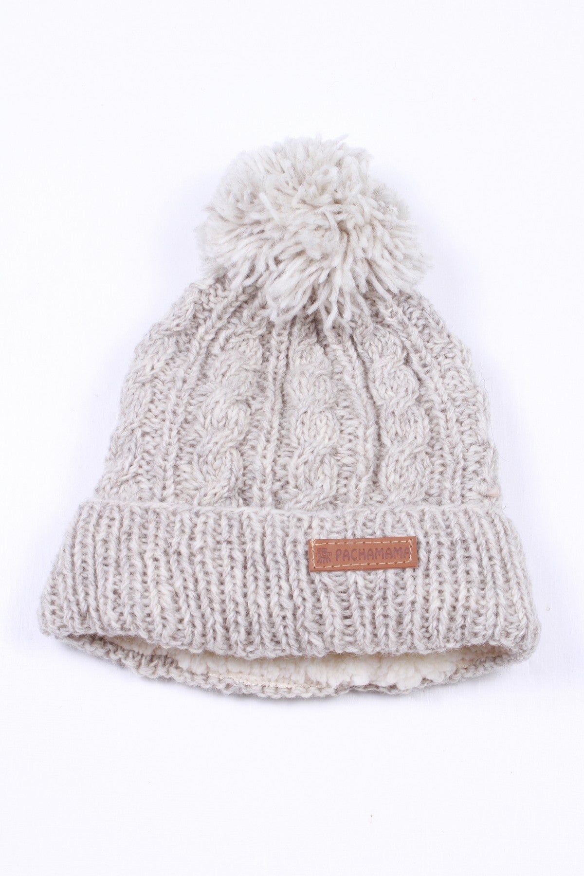 Pachamama Chamonix Bobble Beanie, Hand Knitted Cable, Sherpa Fleece Lined, Wool, Oatmeal
