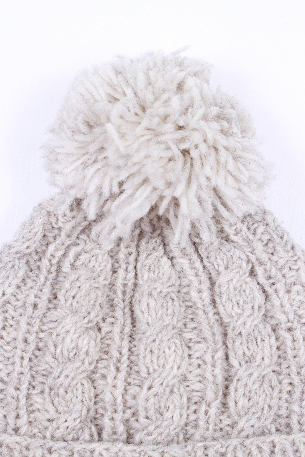 Pachamama Chamonix Bobble Beanie, Hand Knitted Cable, Sherpa Fleece Lined, Wool, Oatmeal