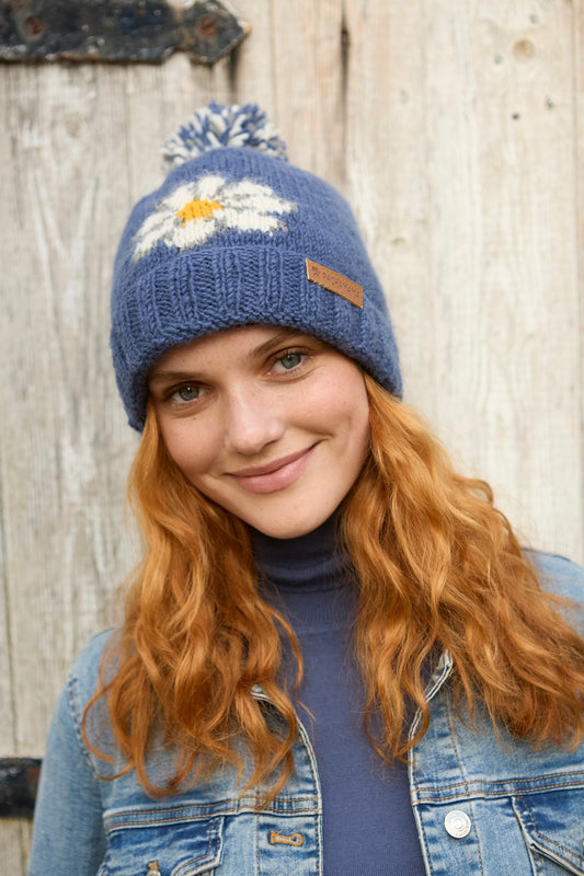 Pachamama Daisy Roll Back Bobble Beanie, Hand Knitted, Lined, Wool, Fair Trade
