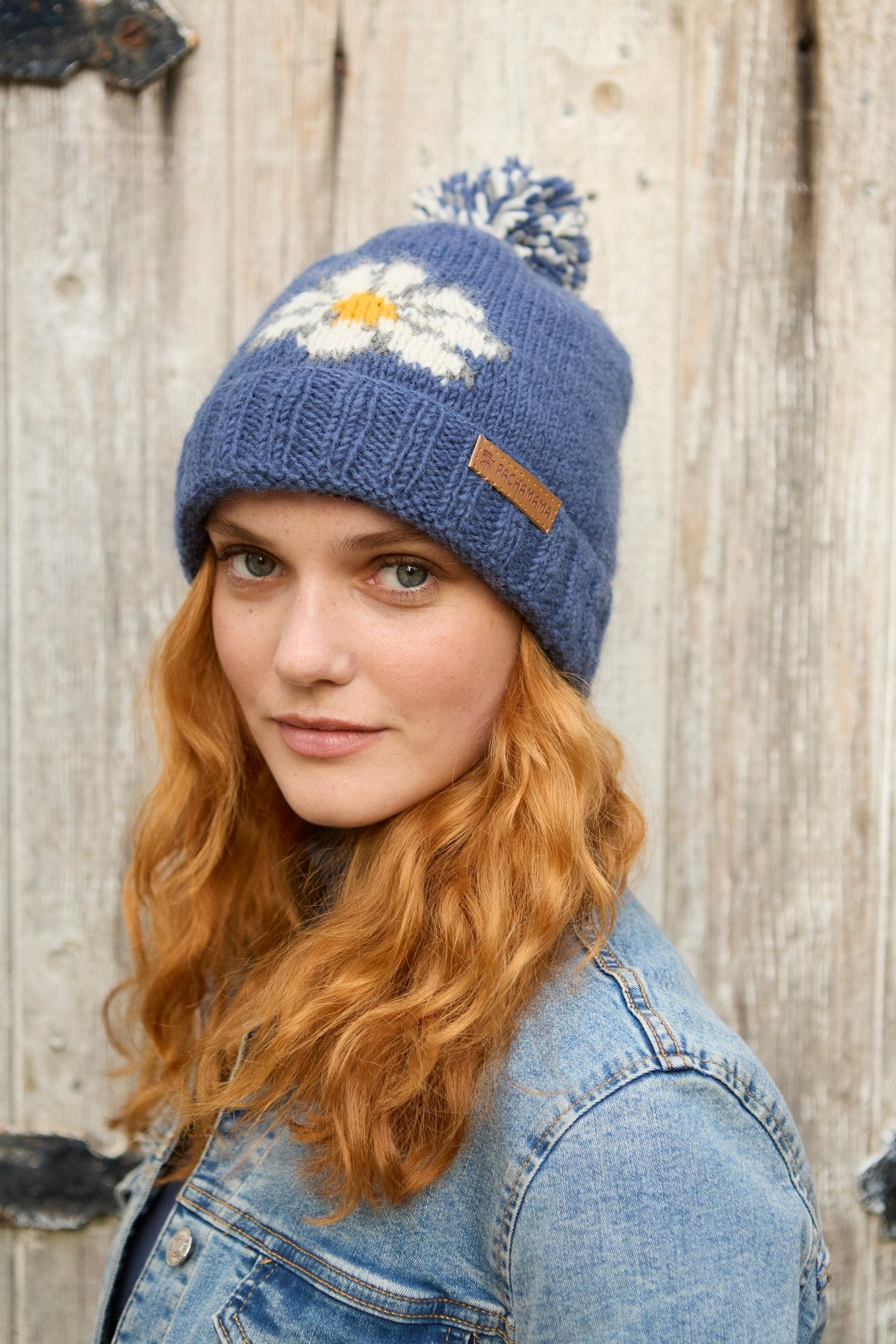 Pachamama Daisy Roll Back Bobble Beanie, Hand Knitted, Lined, Wool, Fair Trade