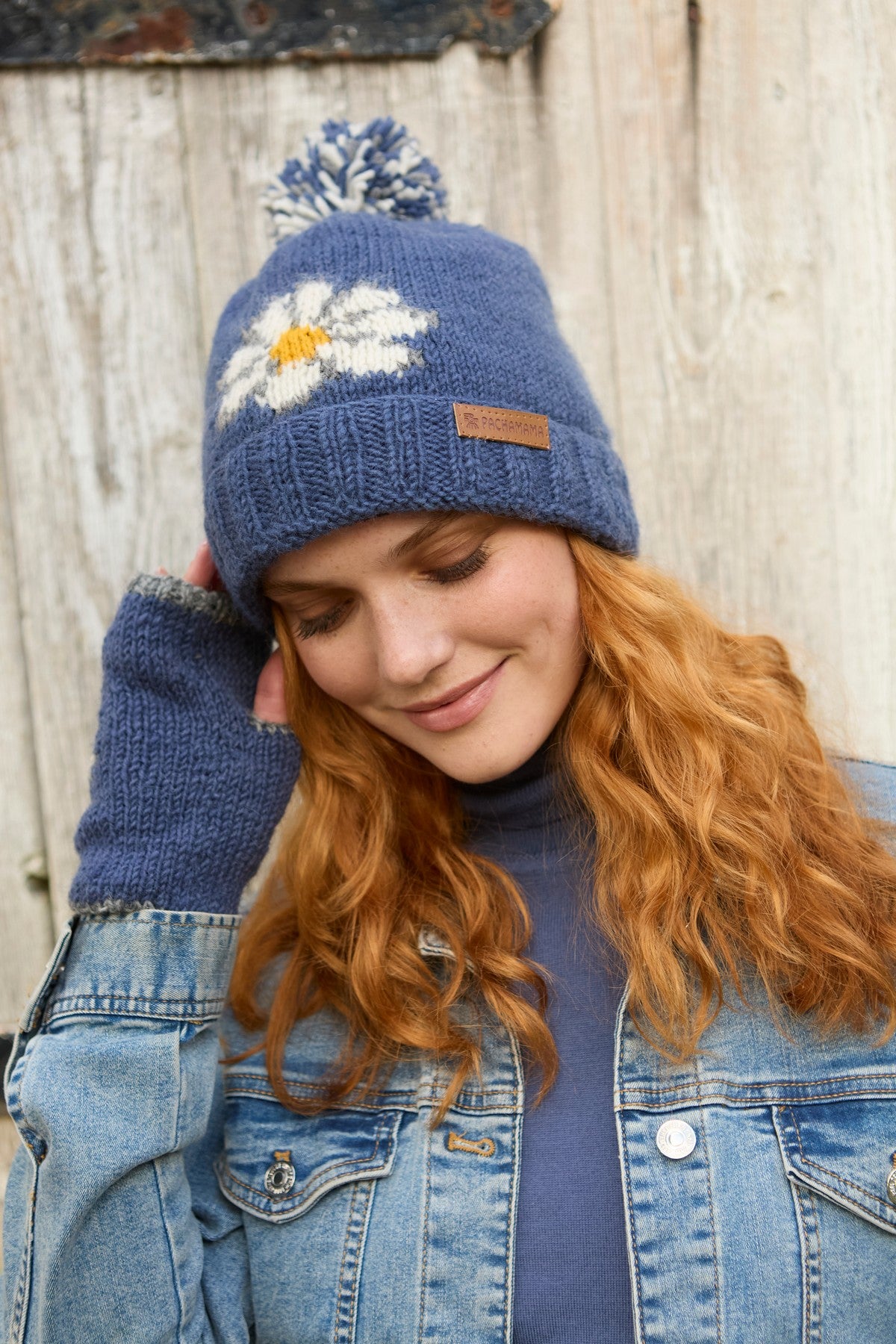 Pachamama Daisy Roll Back Bobble Beanie, Hand Knitted, Lined, Wool, Fair Trade