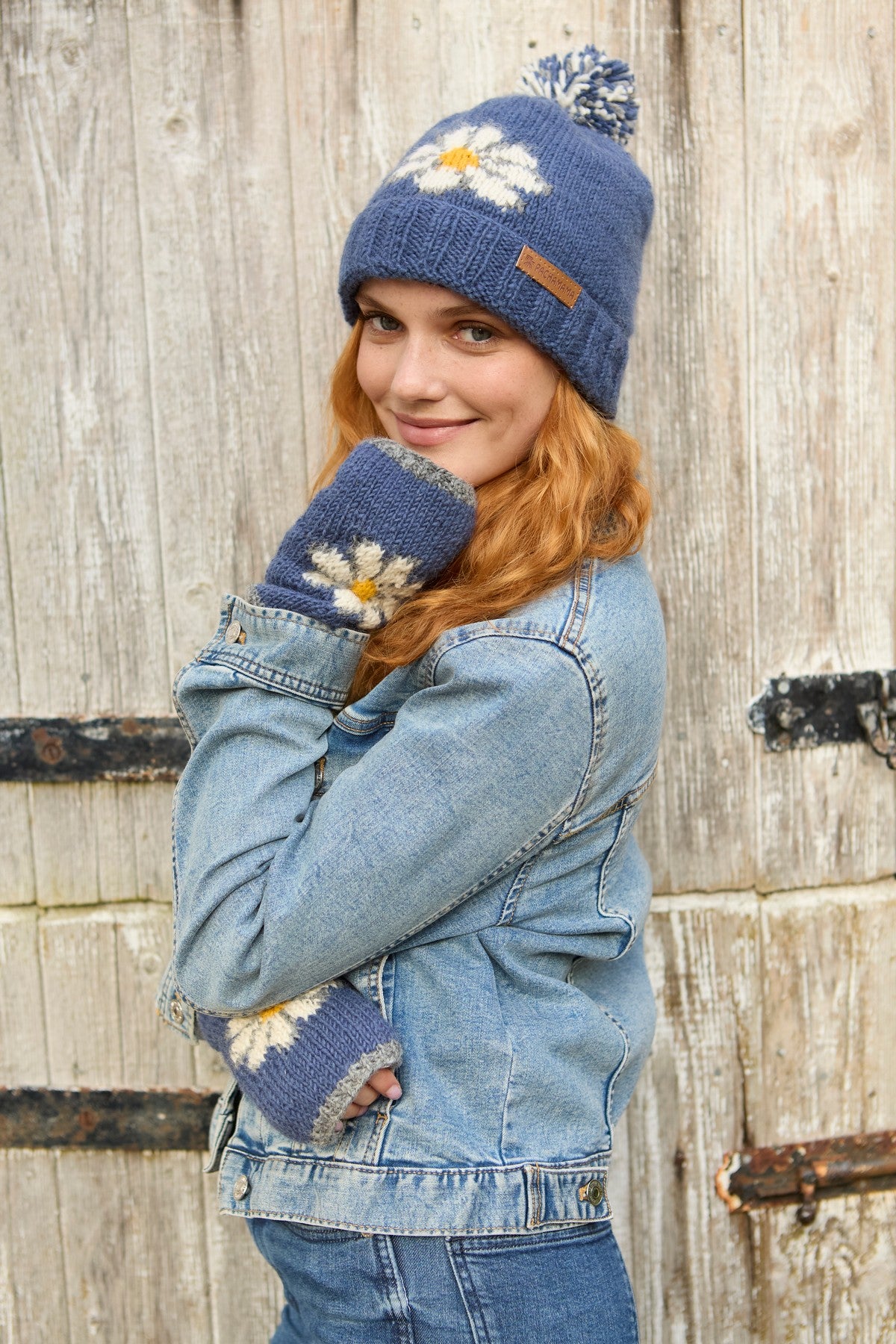Pachamama Daisy Roll Back Bobble Beanie, Hand Knitted, Lined, Wool, Fair Trade