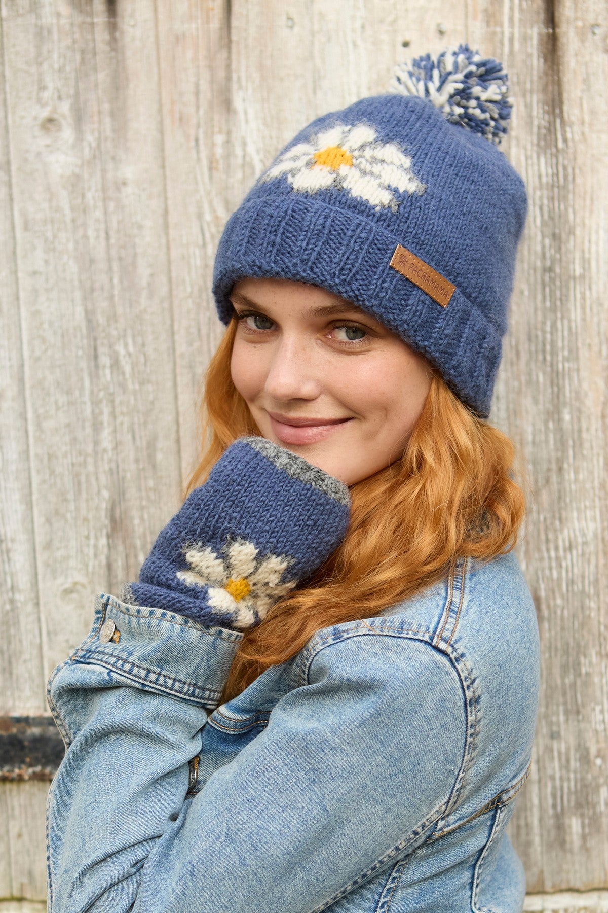 Pachamama Daisy Roll Back Bobble Beanie, Hand Knitted, Lined, Wool, Fair Trade
