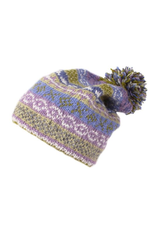 Pachamama Classic Fairisle Bobble Beanie, Hand Knitted, Lined, Fine Wool, Olive