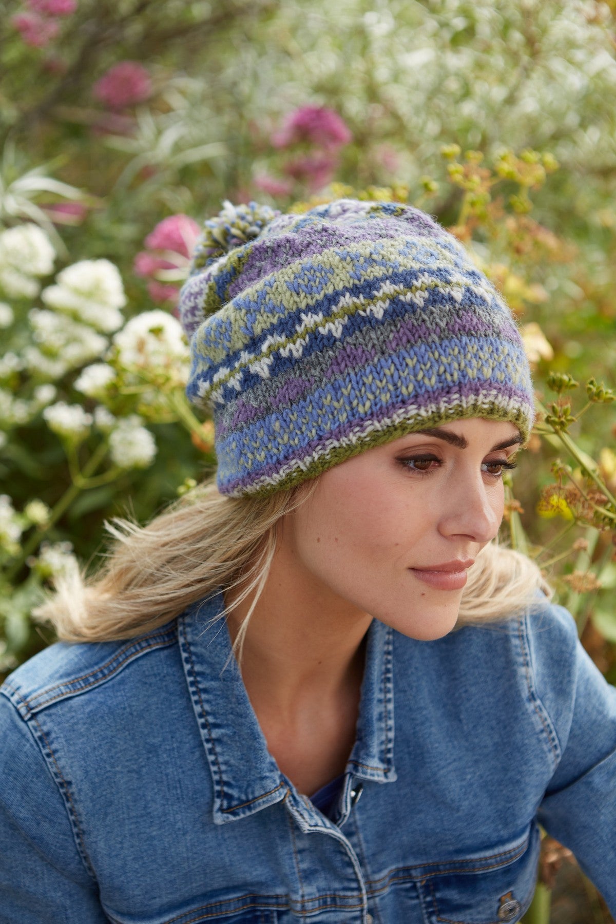 Pachamama Classic Fairisle Bobble Beanie, Hand Knitted, Lined, Fine Wool, Olive